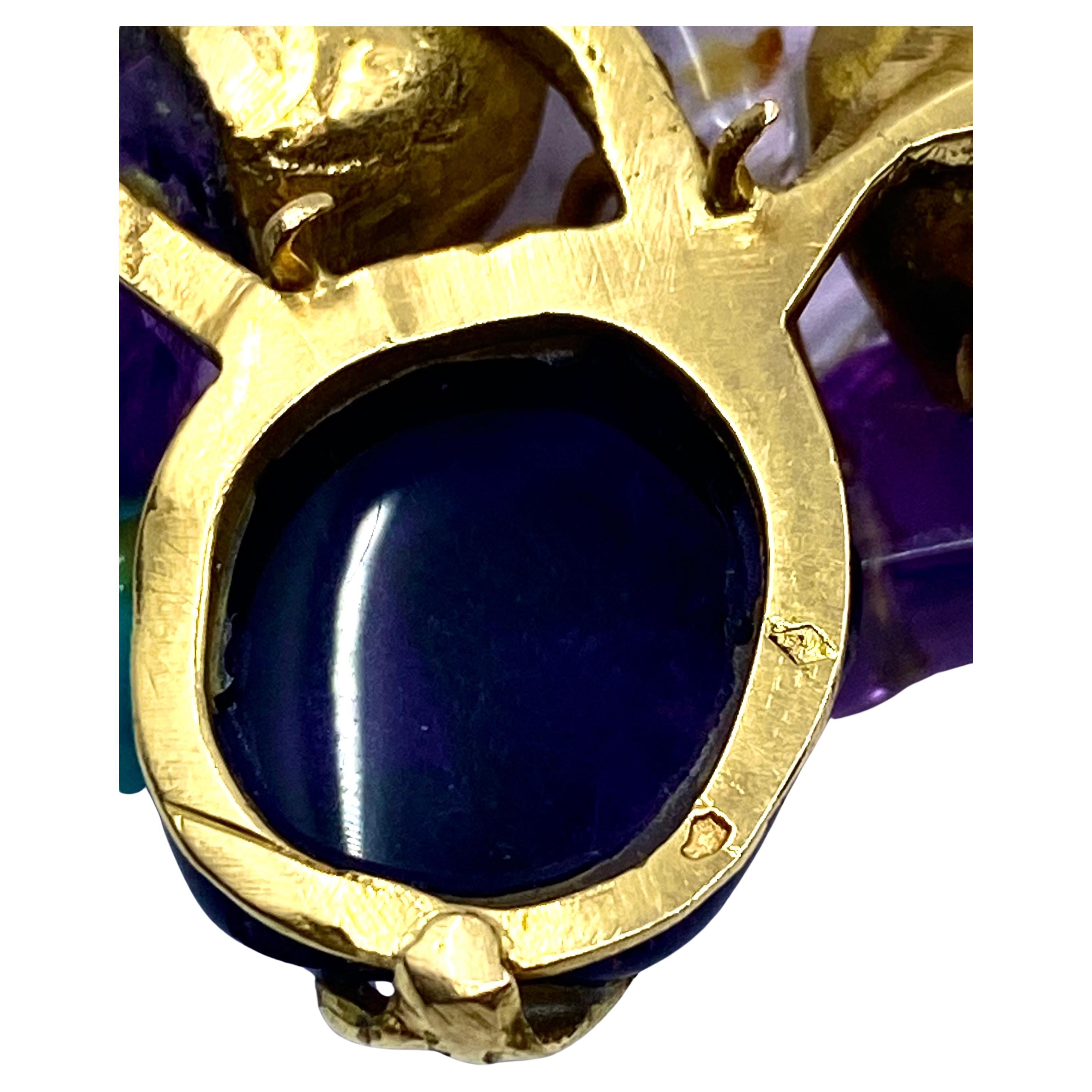 French Vintage 18k Gold Brooch Amethyst Turquoise For Sale 4