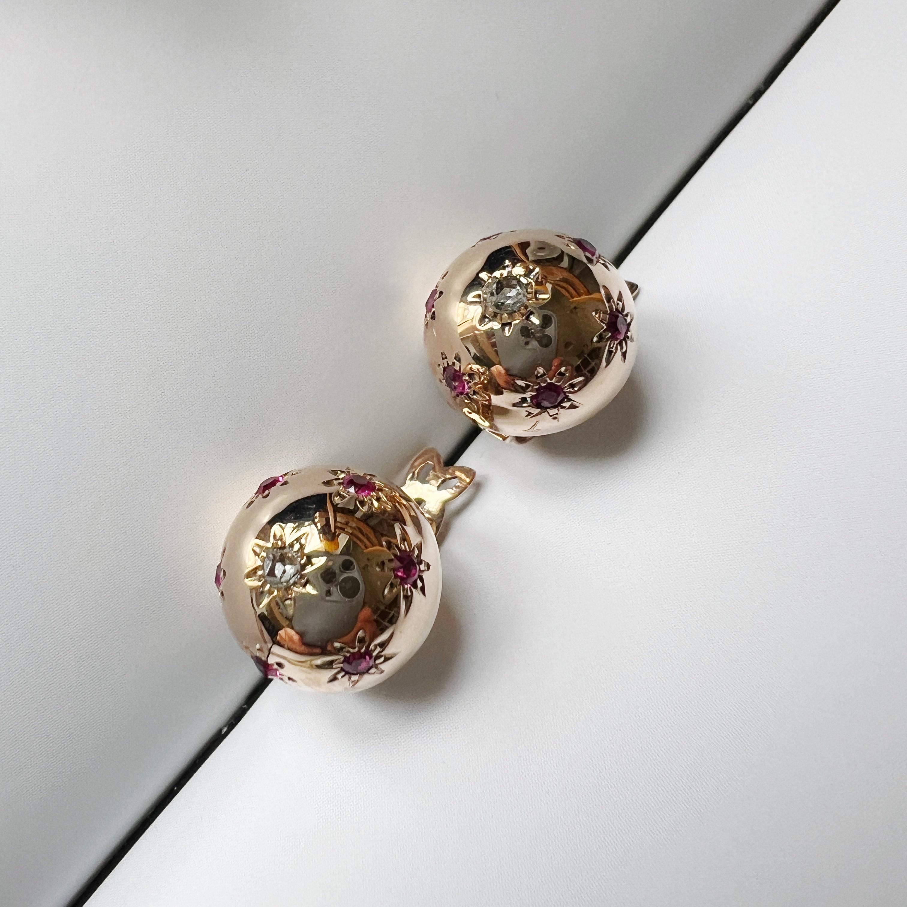 Women's or Men's French vintage 18K gold retro diamond star dome earrings