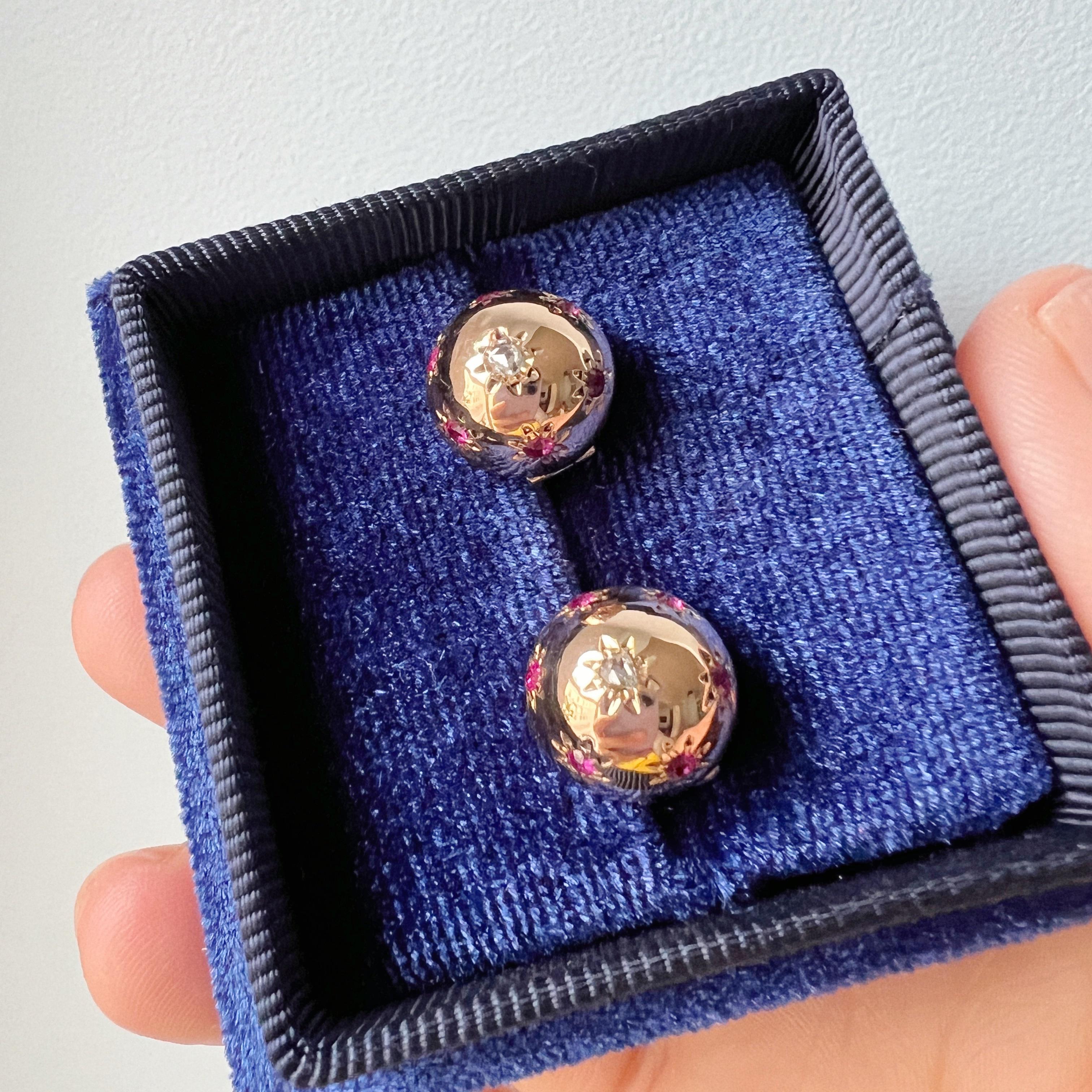 French vintage 18K gold retro diamond star dome earrings 1
