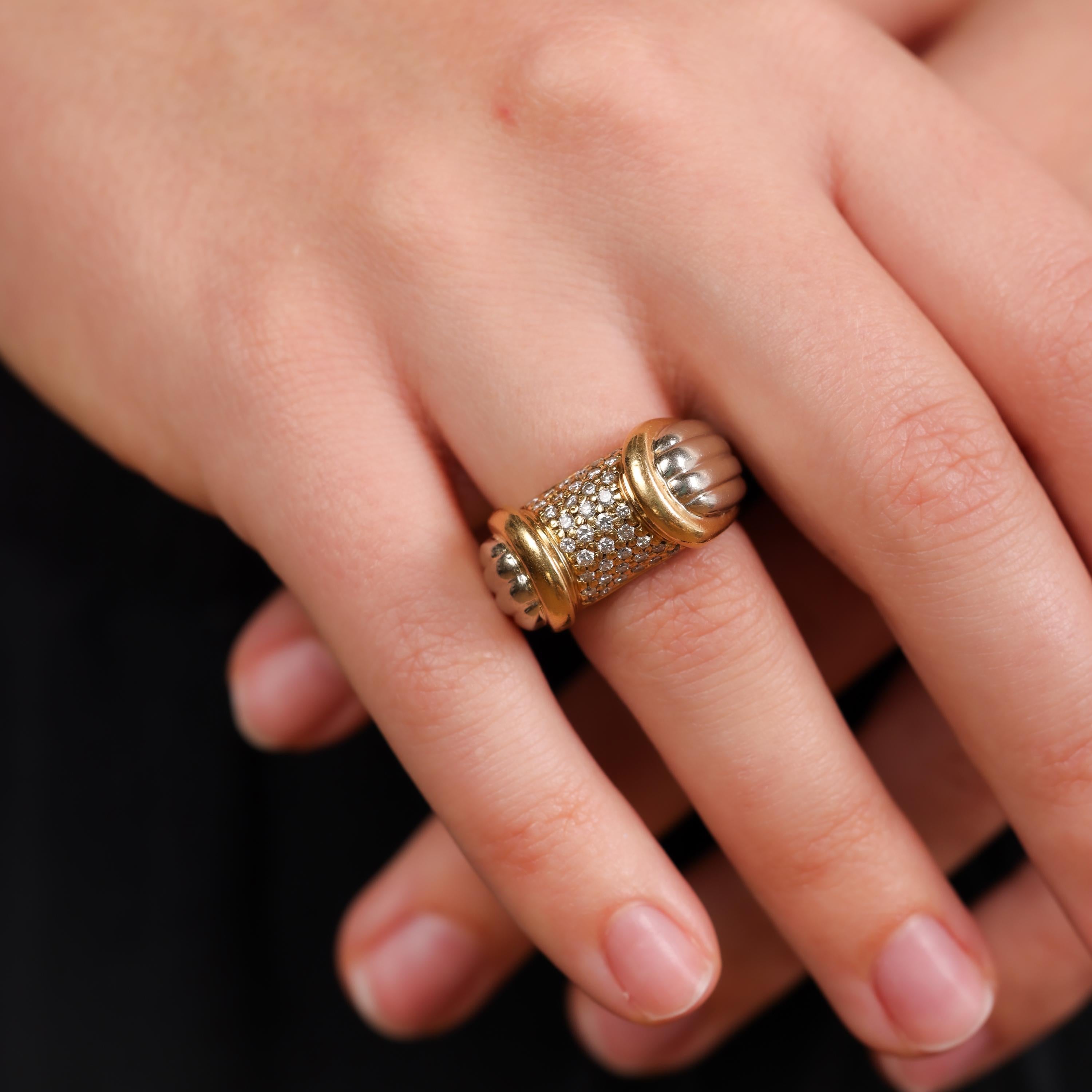 French vintage 18k white and yellow gold diamond ring In Excellent Condition In Beverly Hills, CA