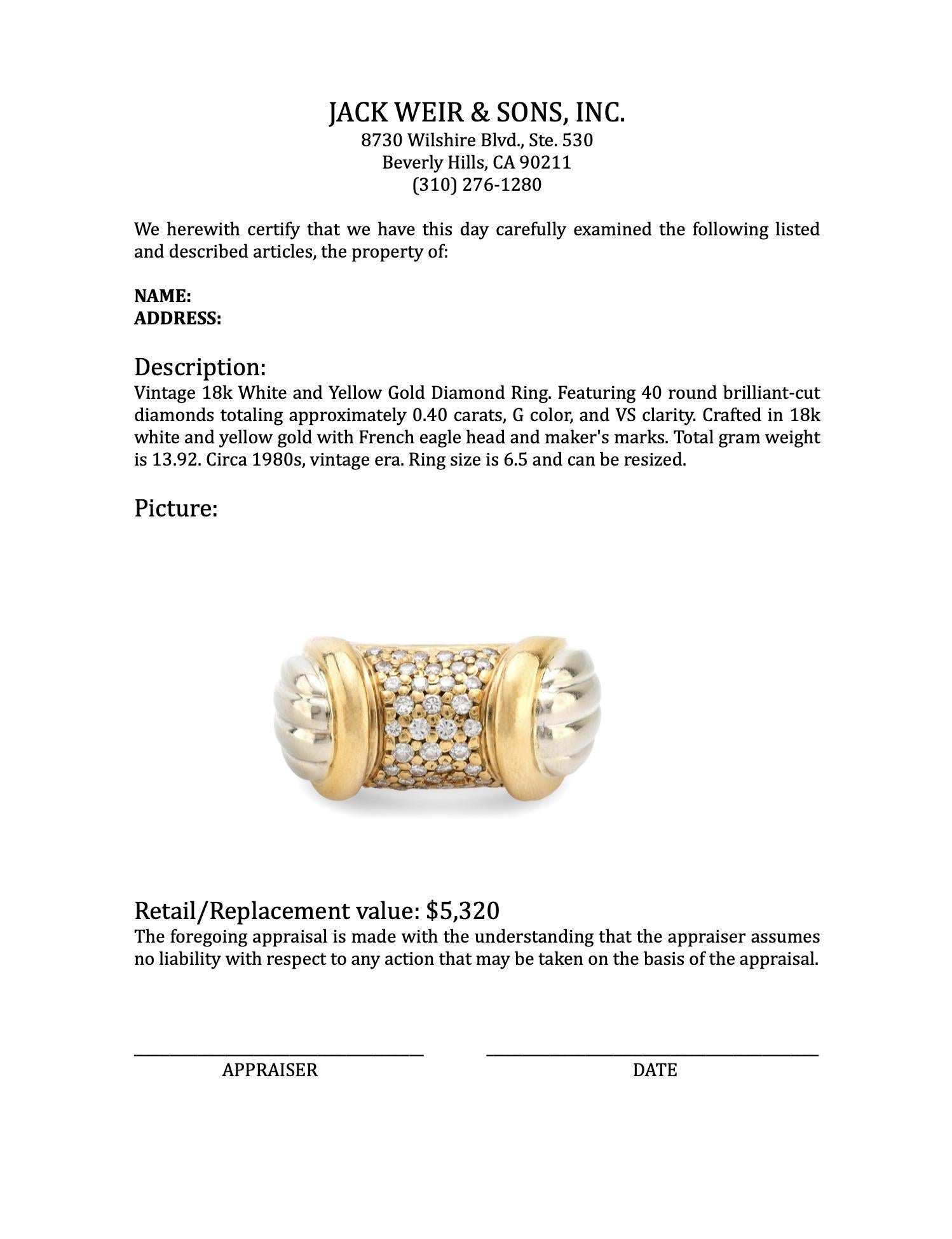 Women's or Men's French vintage 18k white and yellow gold diamond ring