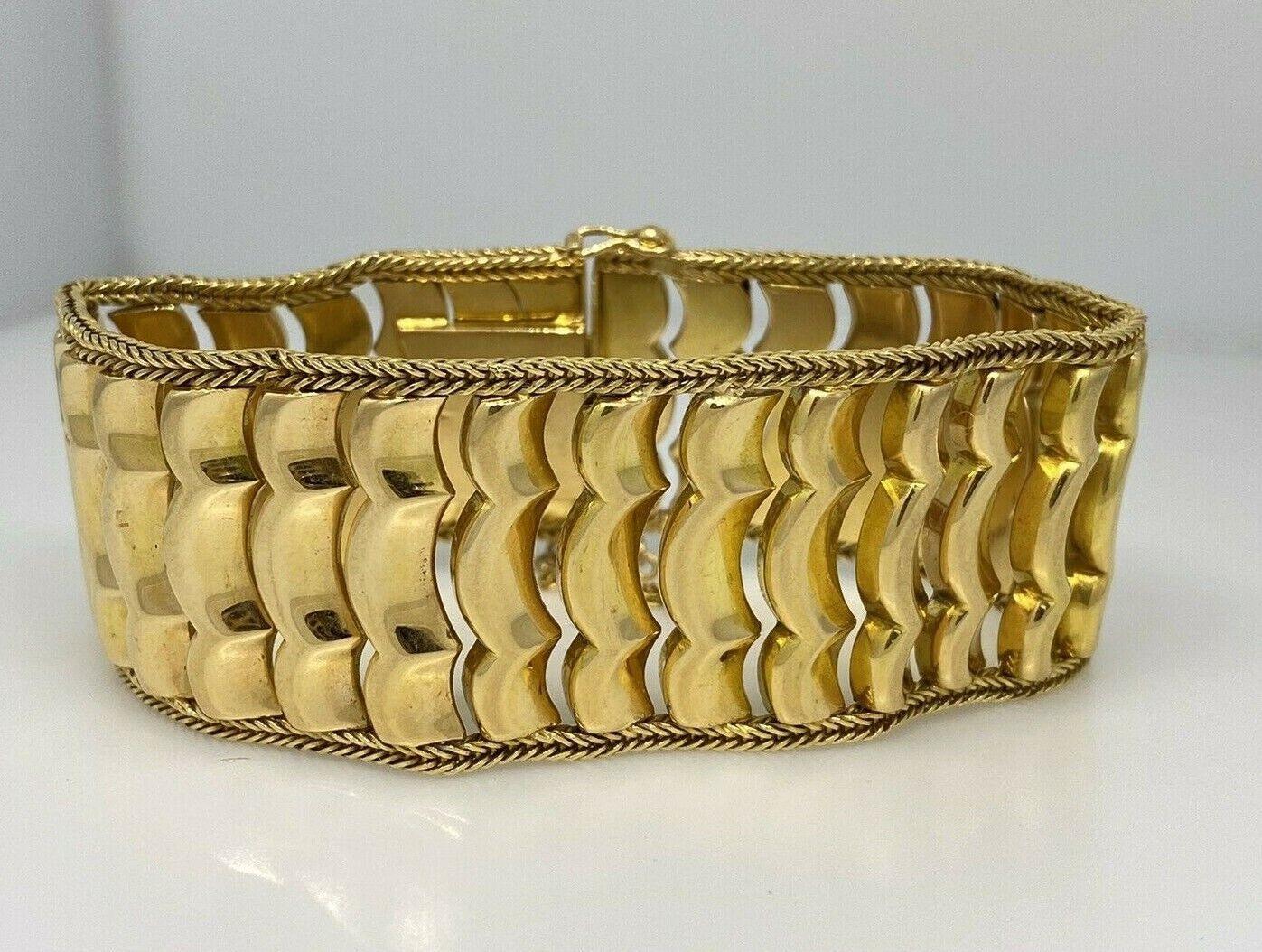 French Vintage 18k Yellow Gold Wave Motif Openwork Wide Bracelet 1