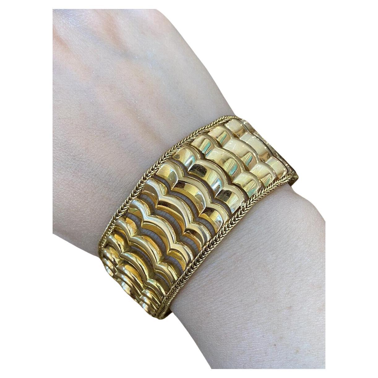 French Vintage 18k Yellow Gold Wave Motif Openwork Wide Bracelet