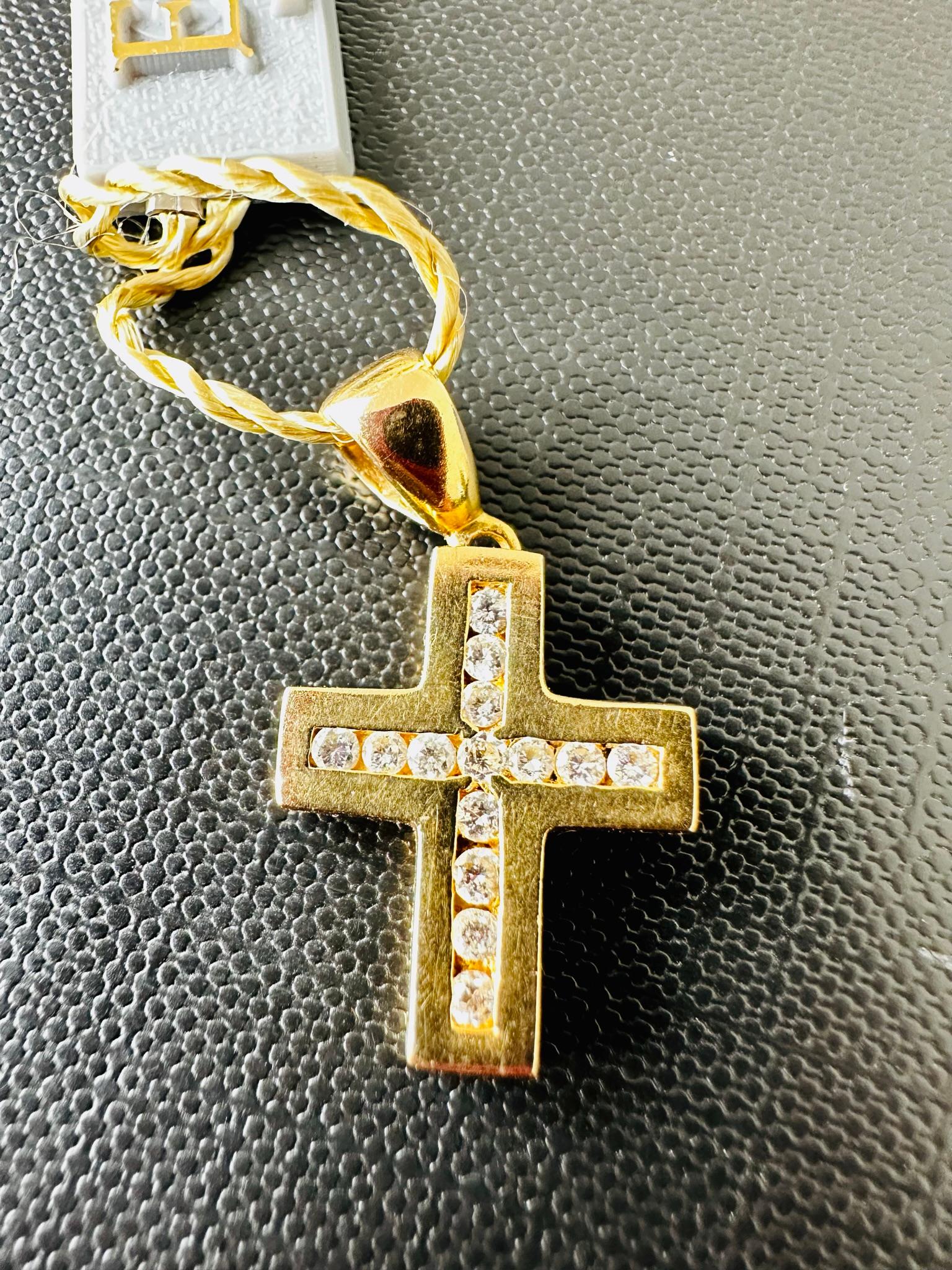 Women's or Men's French Vintage 18kt Yellow Gold Cross with Diamonds  For Sale