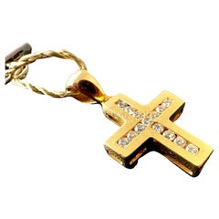 French Vintage 18kt Yellow Gold Cross with Diamonds 