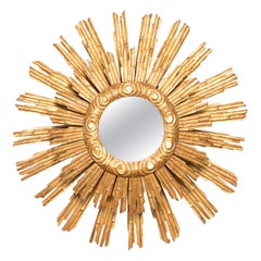 French Vintage 1950s Giltwood Two-Layered Sunburst Mirror with Cloudy Frame
