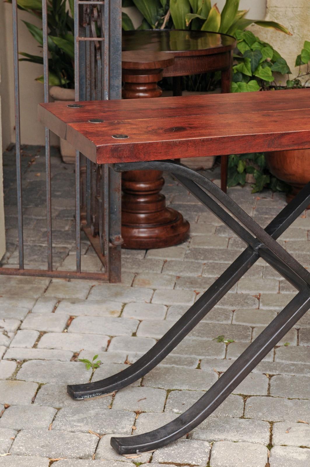 French Vintage 1950s Narrow Walnut and Iron Table with Curving X-Form Stretcher In Good Condition In Atlanta, GA