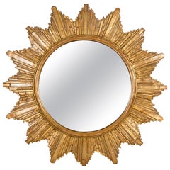 French Retro 1970s Gilt Composition Sunburst Mirror with Rays of Varying Sizes