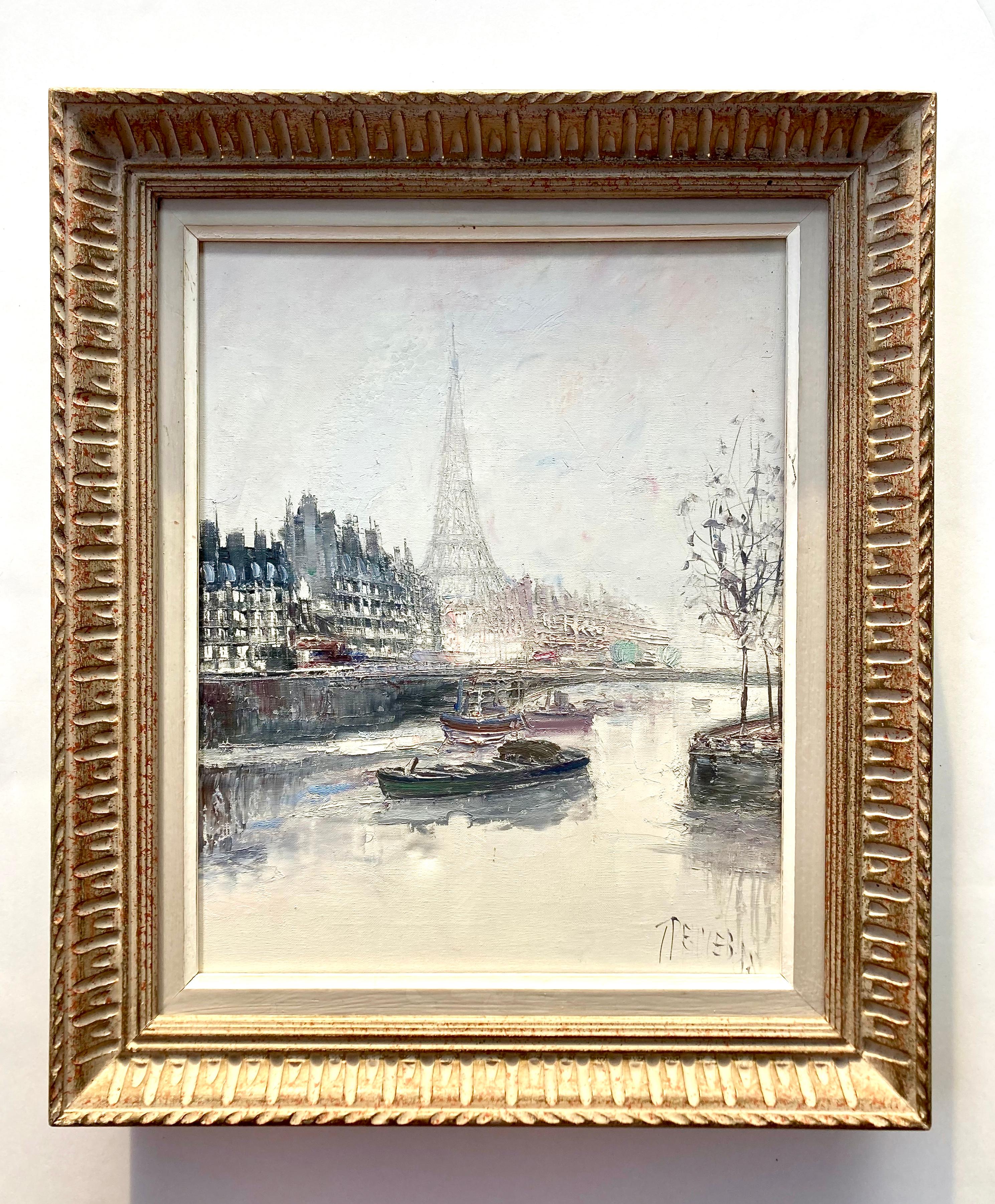 A romantic scene of Paris with the river Seine in the foreground and the Eiffel Tower in the background. This oil painting on stretched cavas dates from 1988 (see back) and is signed by the artist in the lower right corner. This might be a somewhat