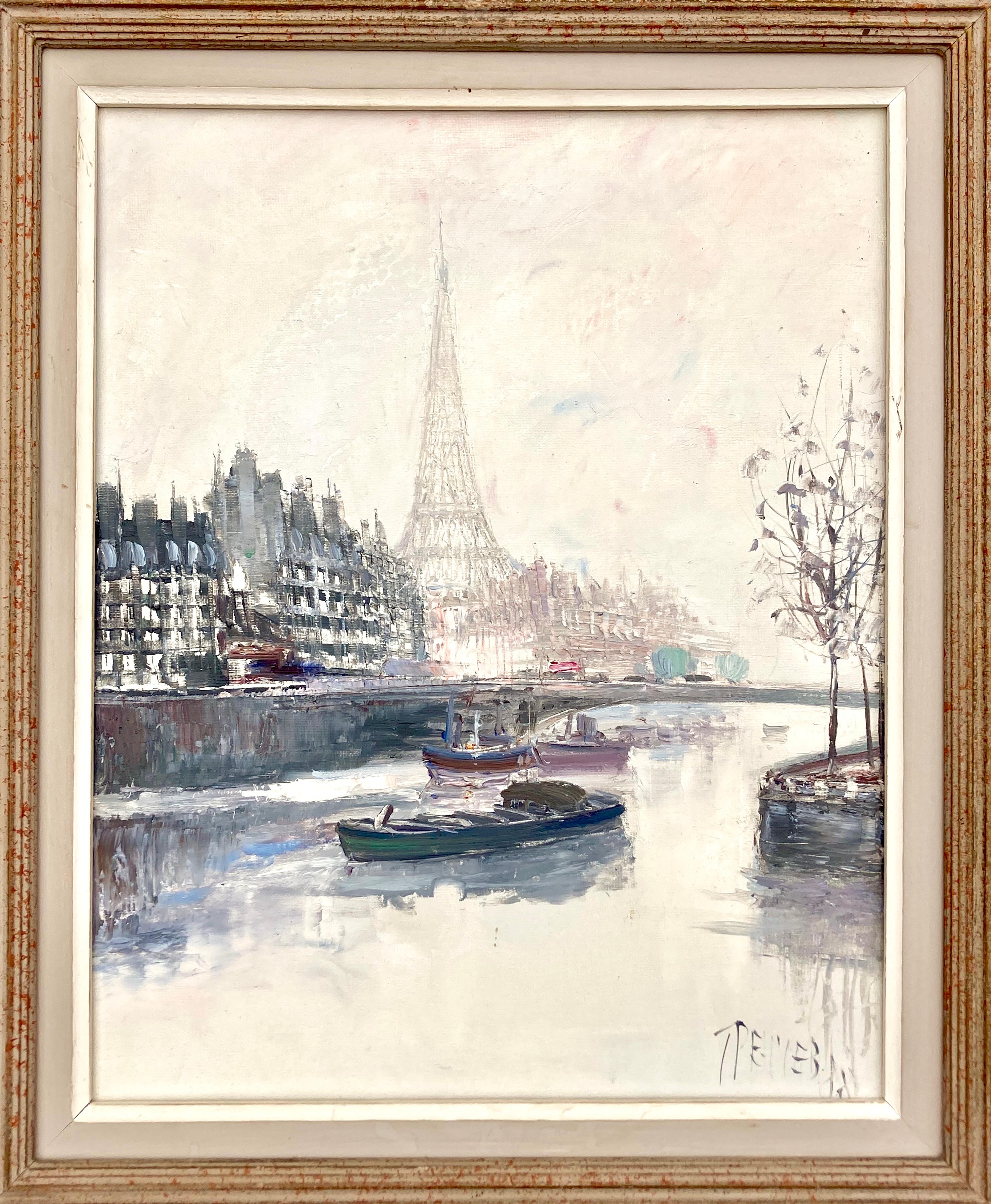Modern French Vintage 1980s Framed Oil Painting of Paris on Stretched Canvas 