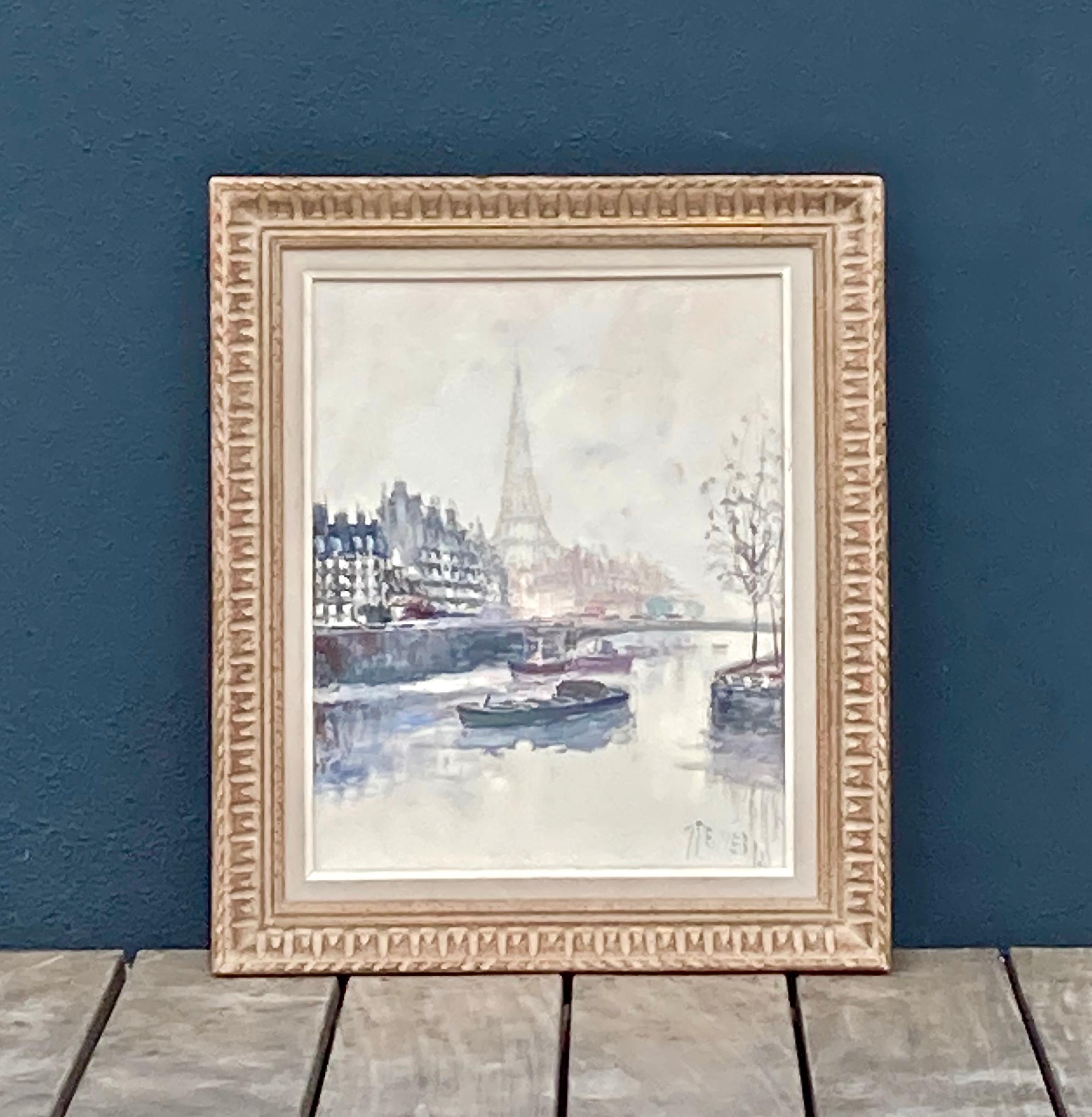 Hand-Painted French Vintage 1980s Framed Oil Painting of Paris on Stretched Canvas 