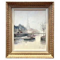 French Vintage 1980s Framed Oil Painting of Paris on Stretched Canvas 