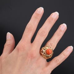 French Vintage 1980s Mediterranean Coral Gold Dome Ring