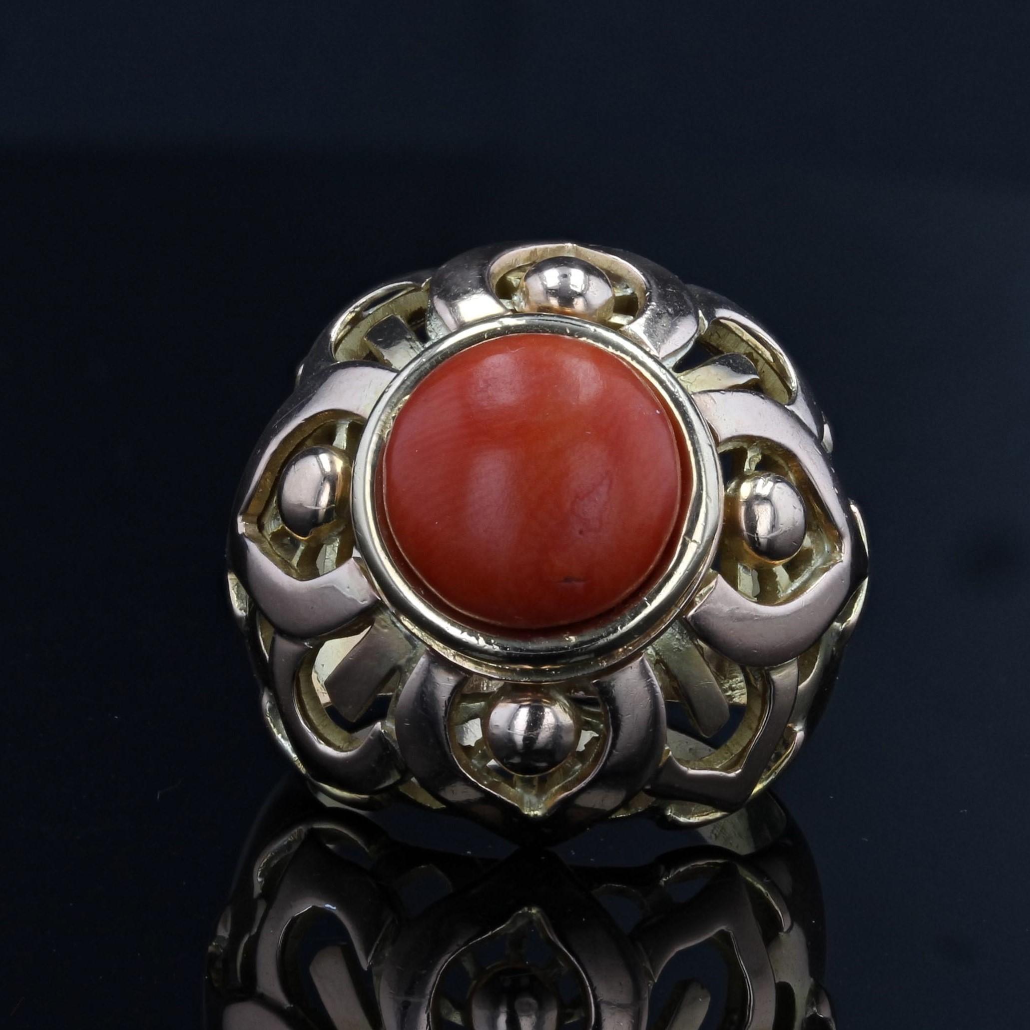 Cabochon French Vintage 1980s Mediterranean Coral Gold Dome Ring For Sale
