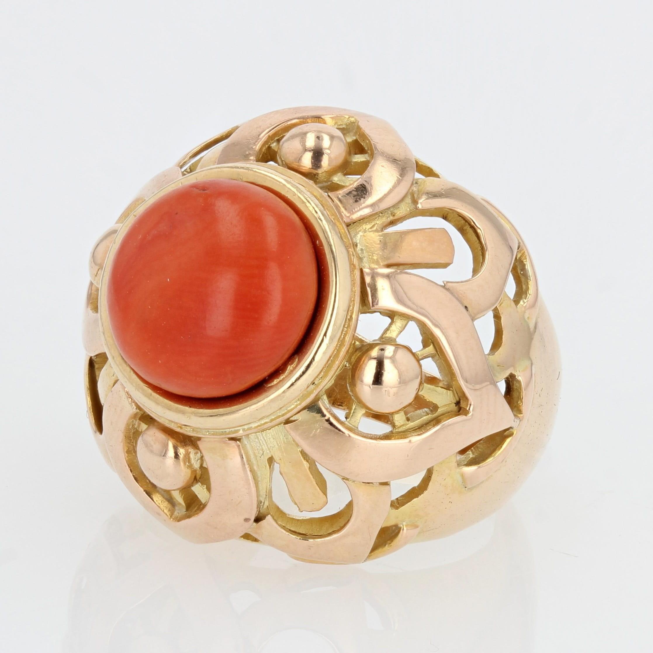 Women's or Men's French Vintage 1980s Mediterranean Coral Gold Dome Ring For Sale