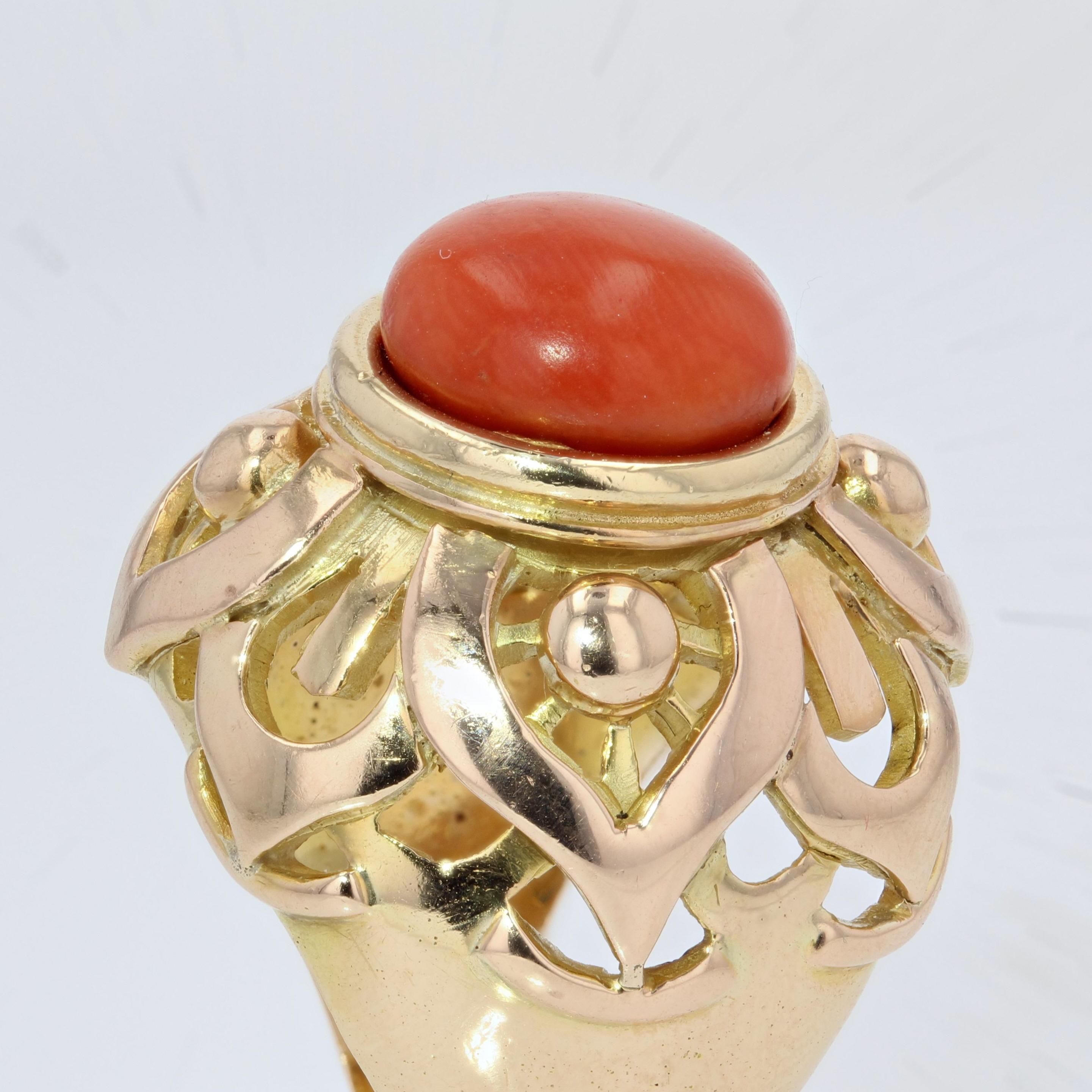 French Vintage 1980s Mediterranean Coral Gold Dome Ring For Sale 1