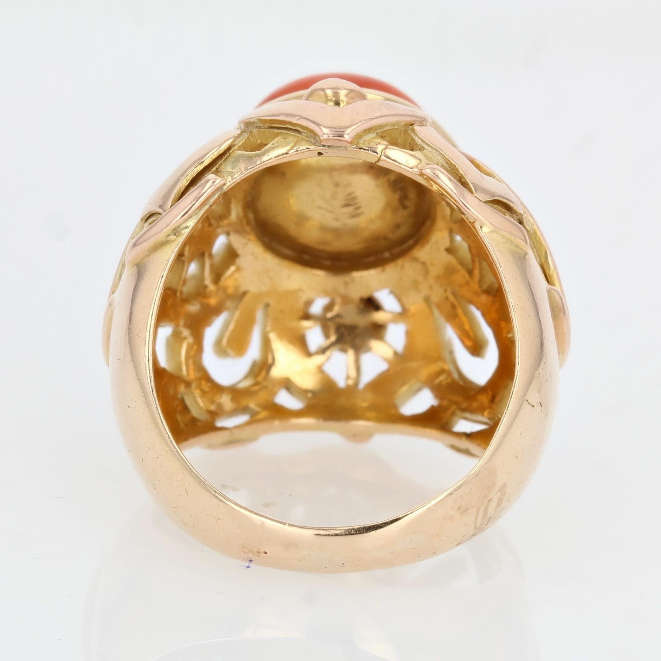 French Vintage 1980s Mediterranean Coral Gold Dome Ring For Sale 3