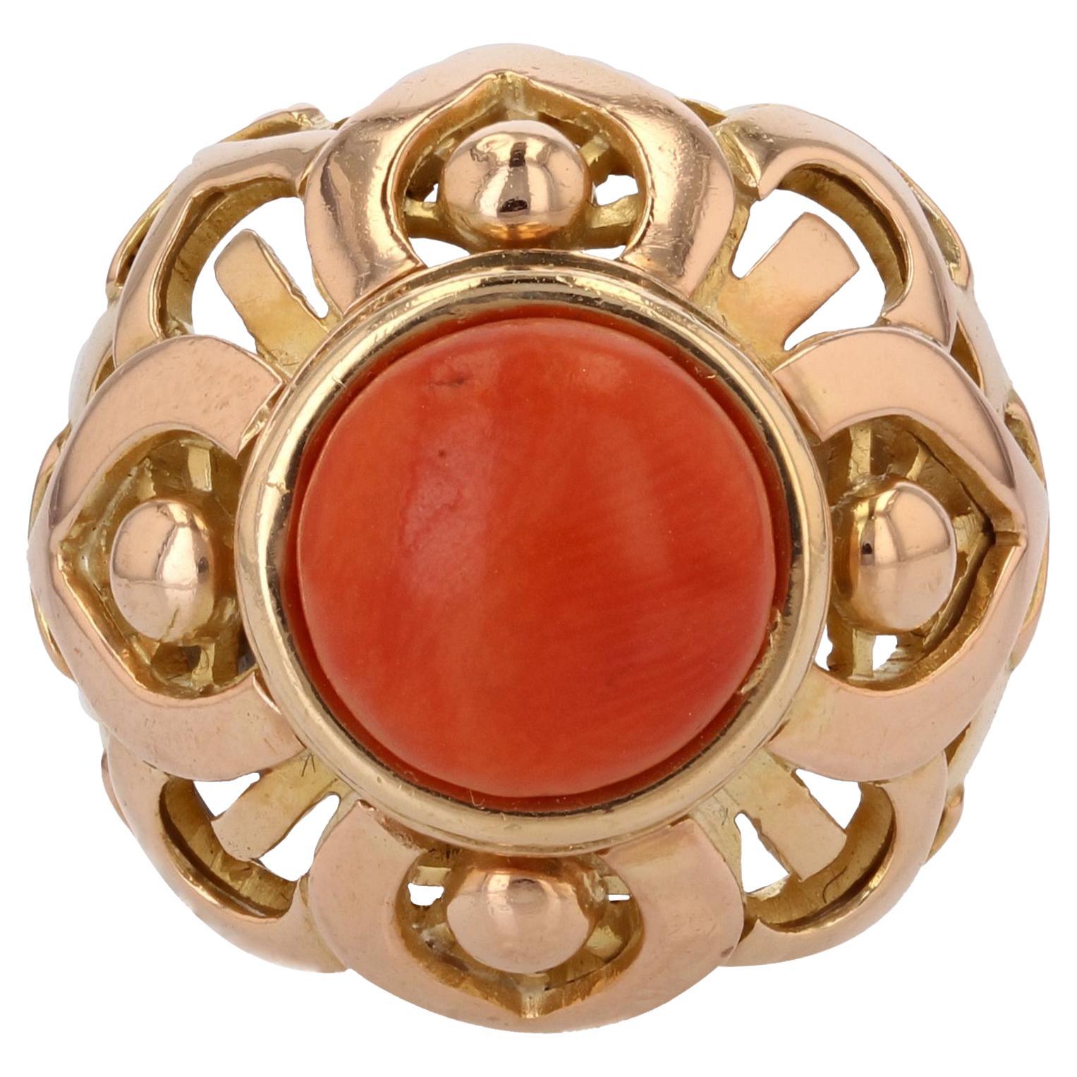 French Vintage 1980s Mediterranean Coral Gold Dome Ring For Sale