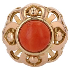 French Vintage 1980s Mediterranean Coral Gold Dome Ring