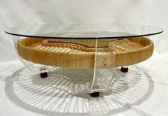 French Vintage 2-Tier Jacaranda Wood Weaved Rattan Sofa Table with Lucite Feet