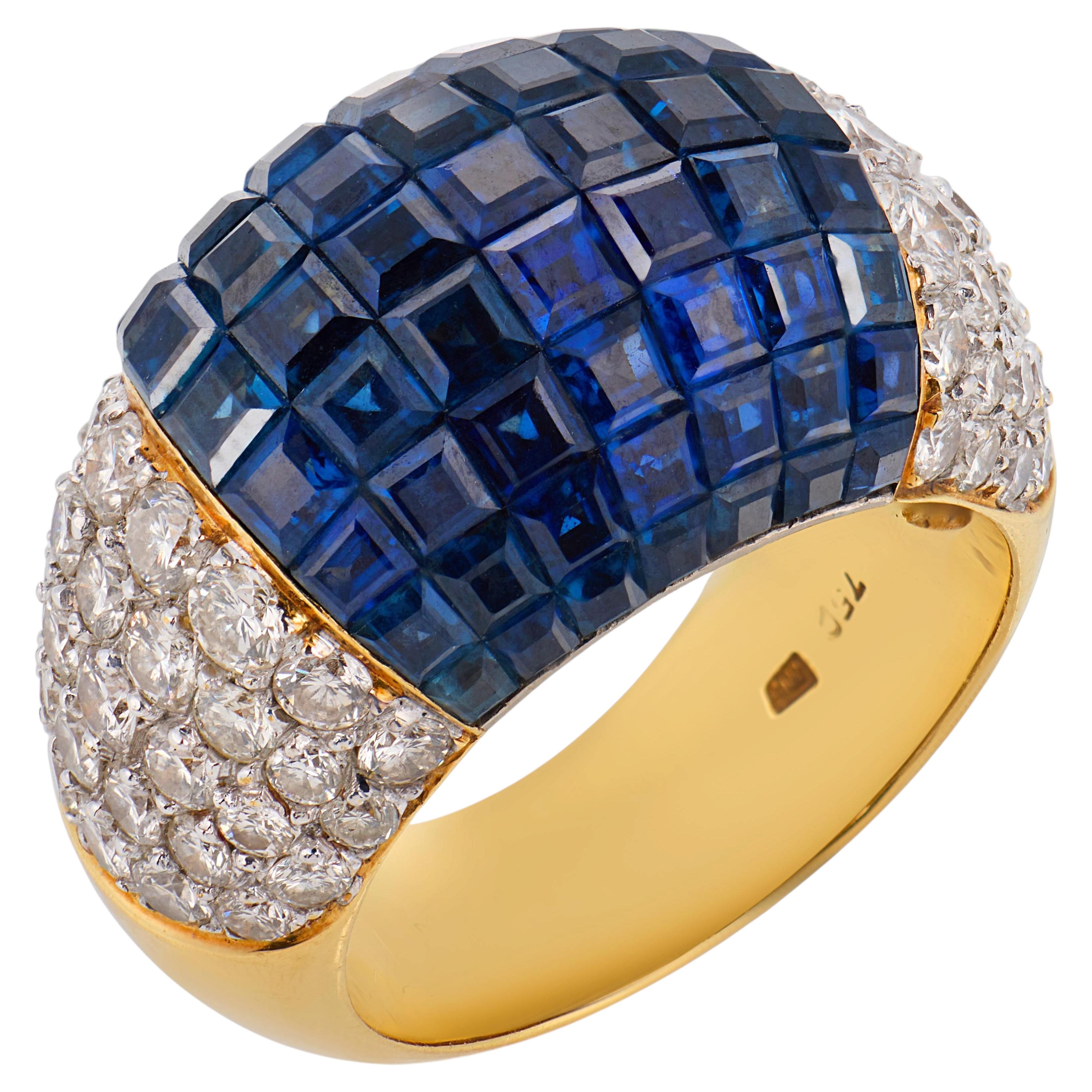 French vintage 5.00 carat invisibly set sapphire diamond 18K yellow gold band For Sale