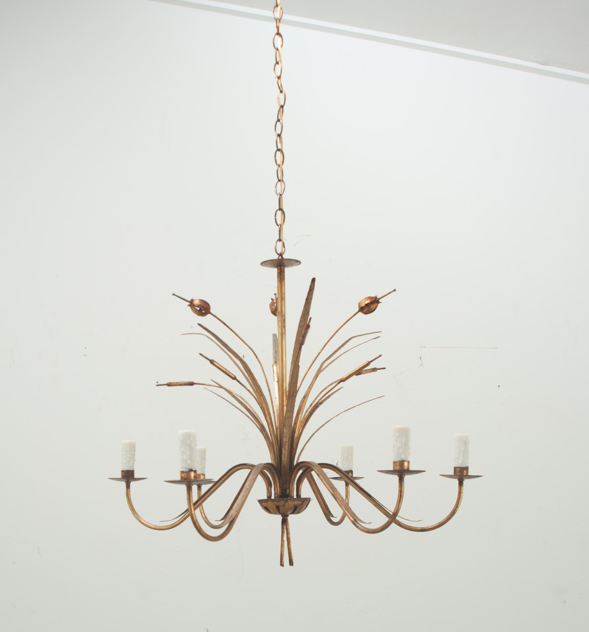 A playful vintage six light brass chandelier. The center of the fixture depicts long grasses and cattails and has six curving arms with faux candle covers. This chandelier has been cleaned and wired for US electrical using UL listed parts and is