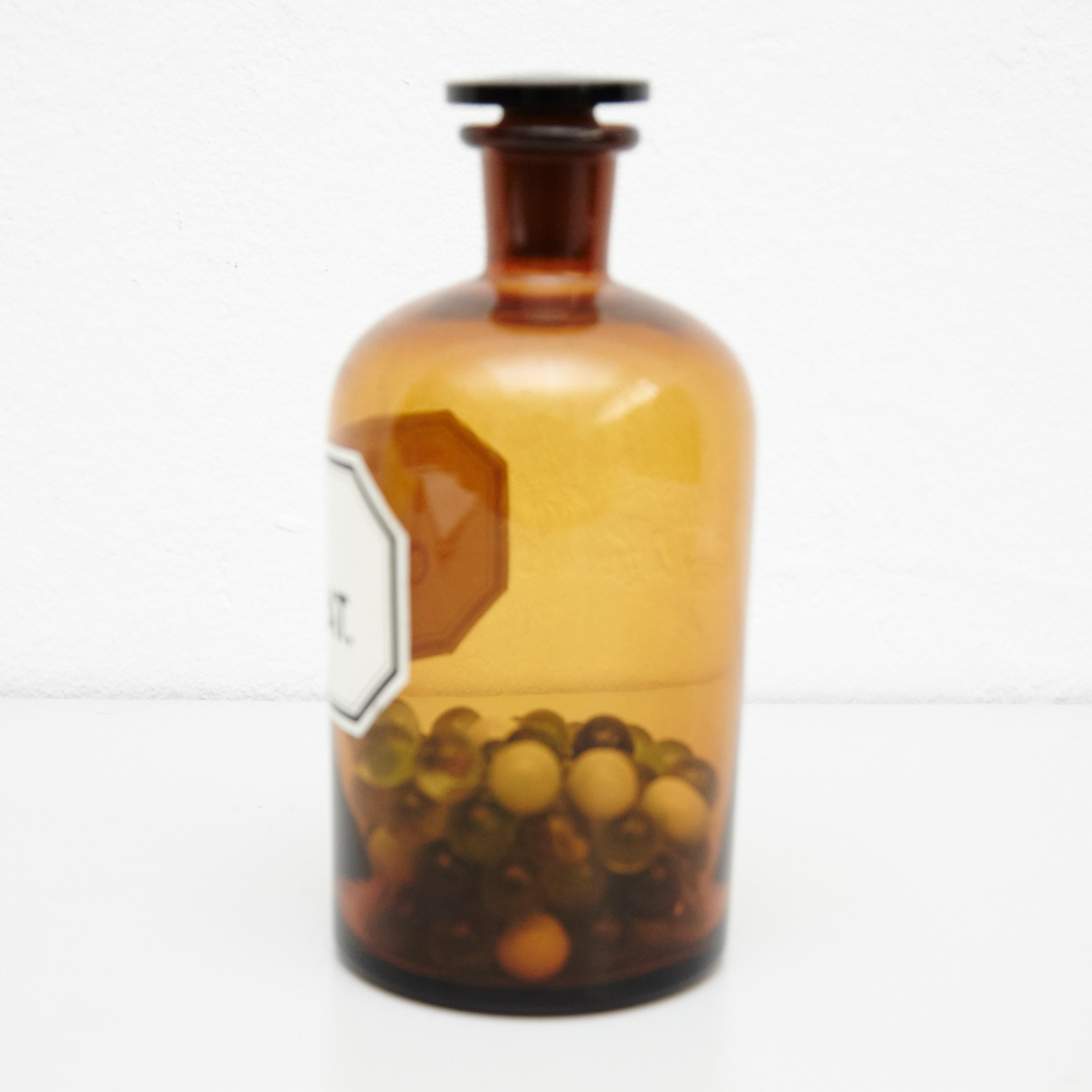 French Vintage Amber Glass Pharmacy Bottle with Marbles, circa 1930 1