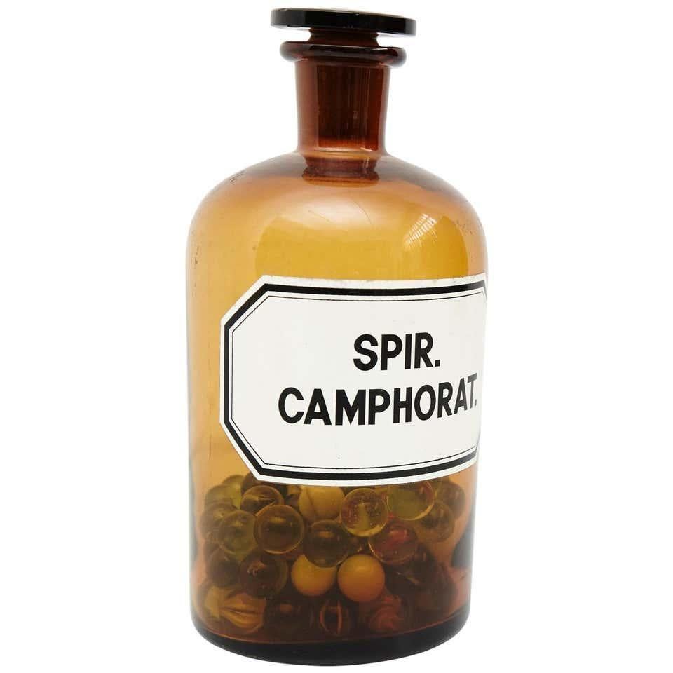 French Vintage Amber Glass Pharmacy Bottle with Marbles, circa 1930 For Sale 4