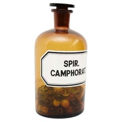 French Vintage Amber Glass Pharmacy Bottle with Marbles, circa 1930