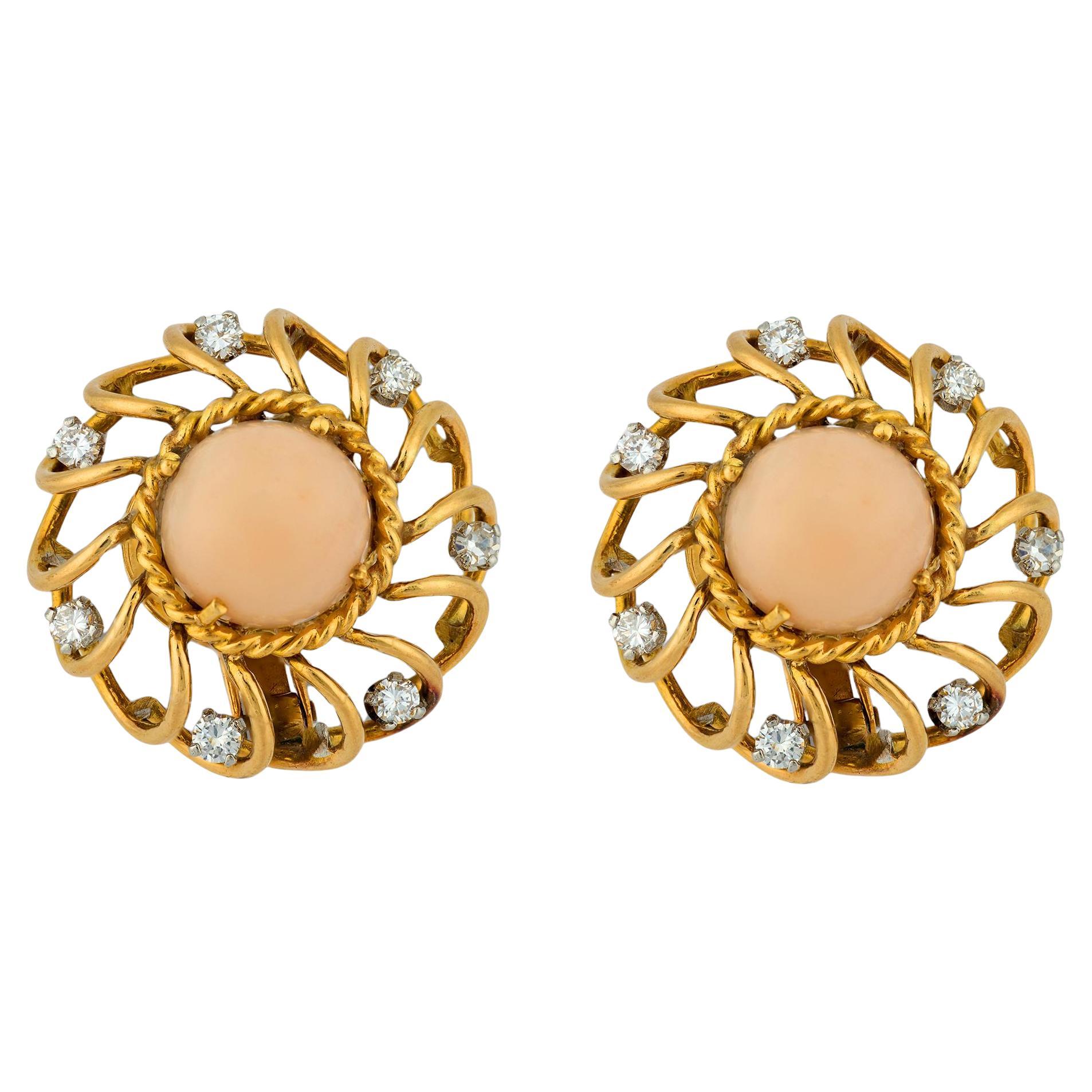 French vintage angel skin coral diamond 18k yellow gold earrings