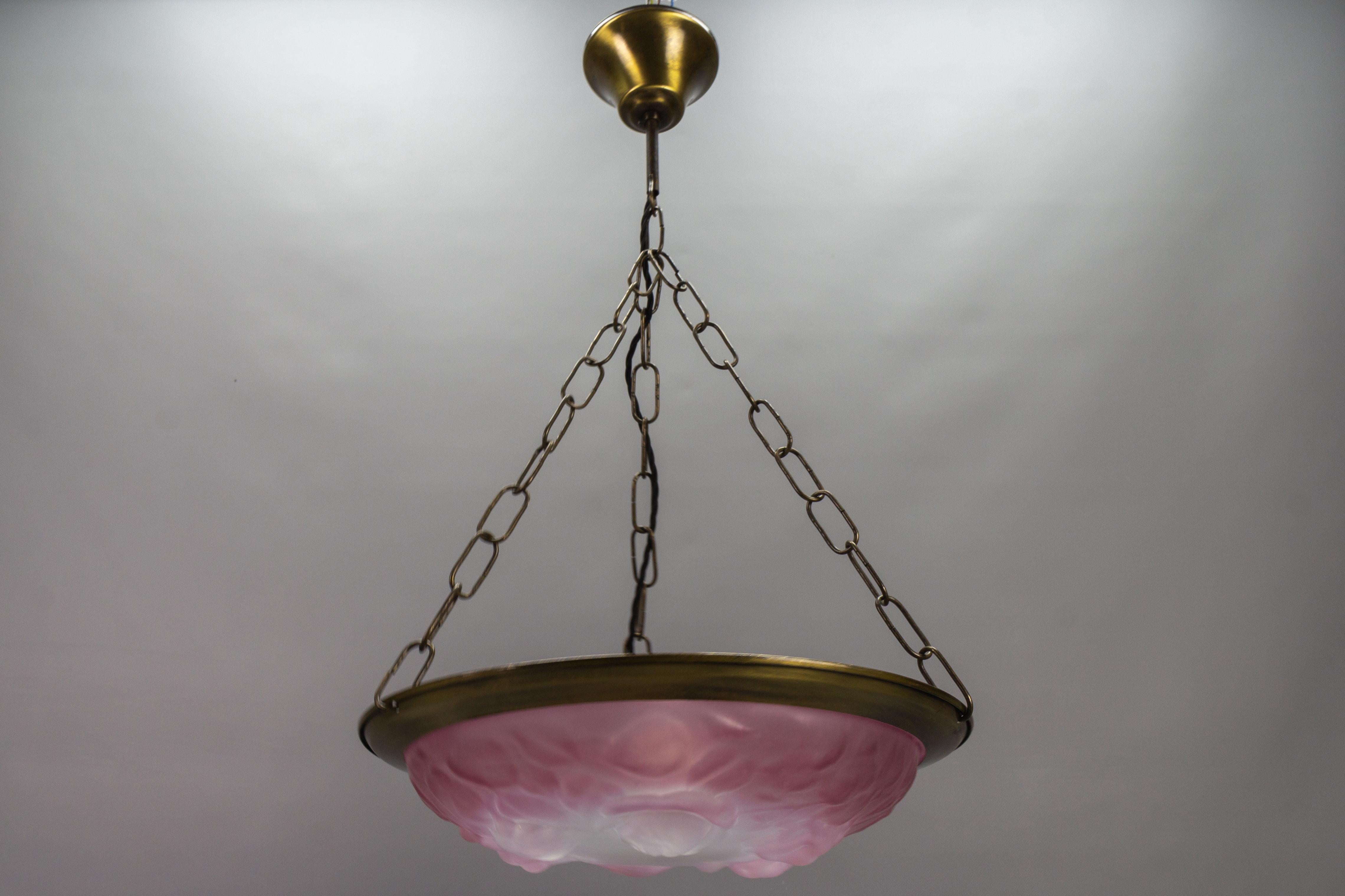 French Vintage Art Deco Style Pink and White Glass Pendant Light with Roses For Sale 3