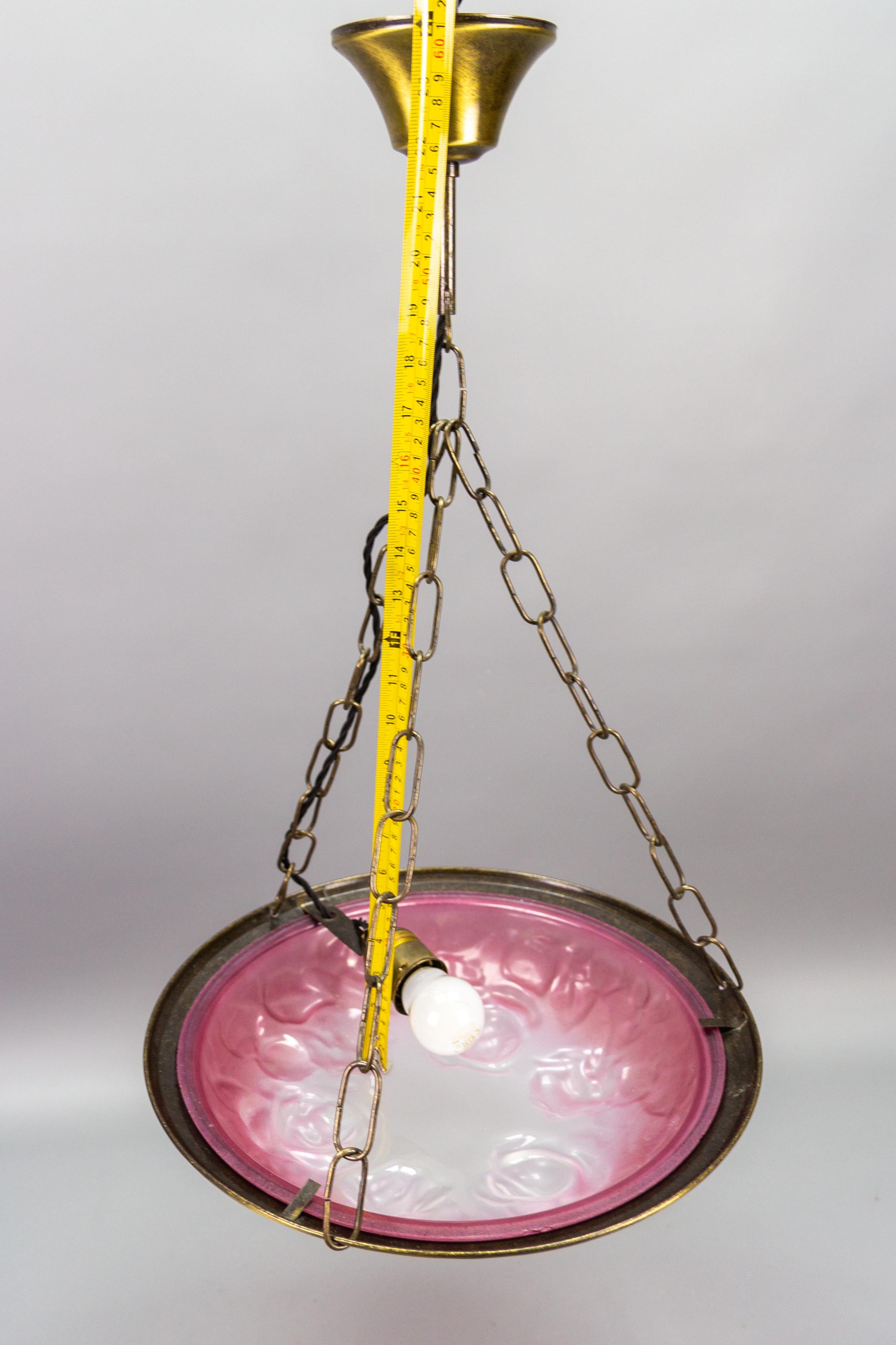French Vintage Art Deco Style Pink and White Glass Pendant Light with Roses 8