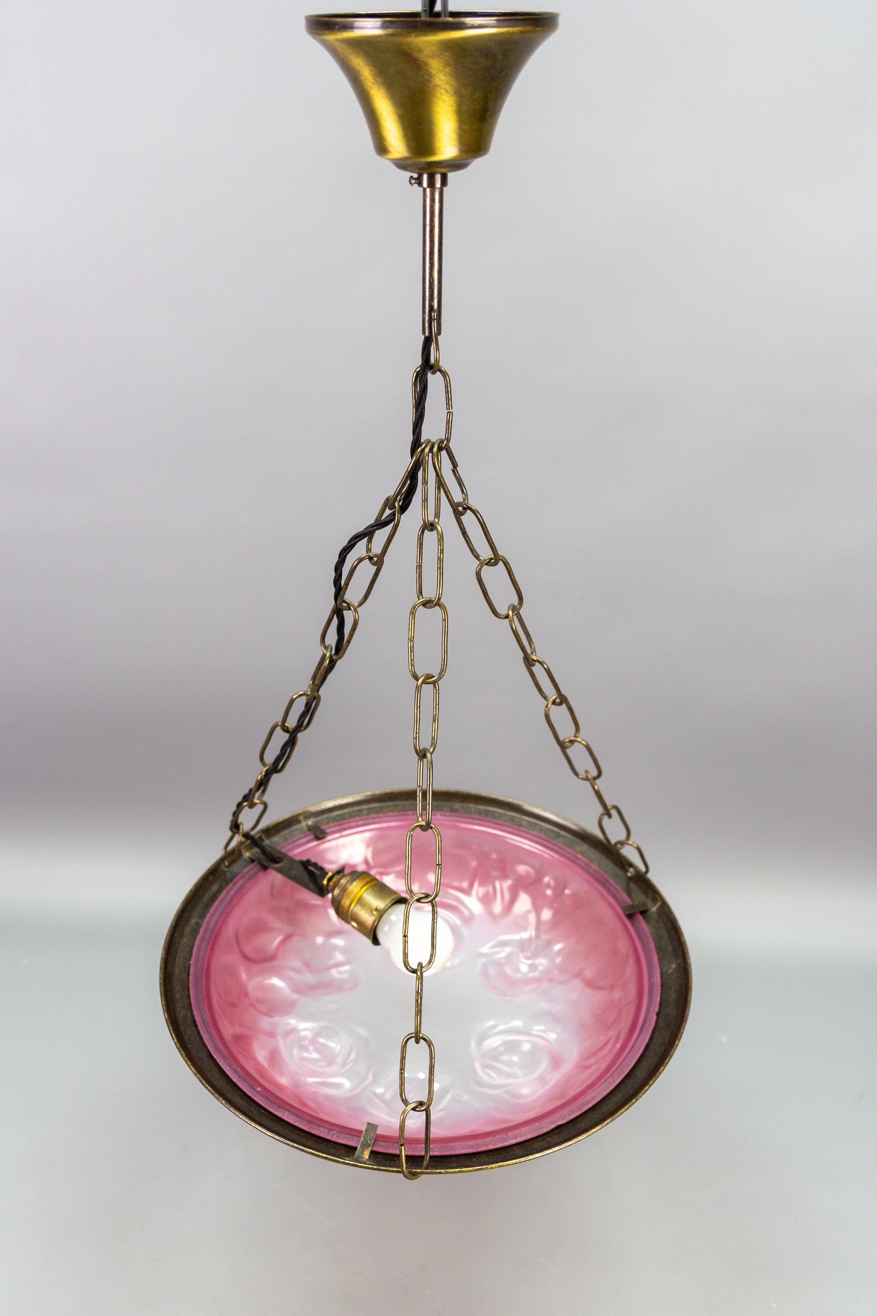 French Vintage Art Deco Style Pink and White Glass Pendant Light with Roses 9