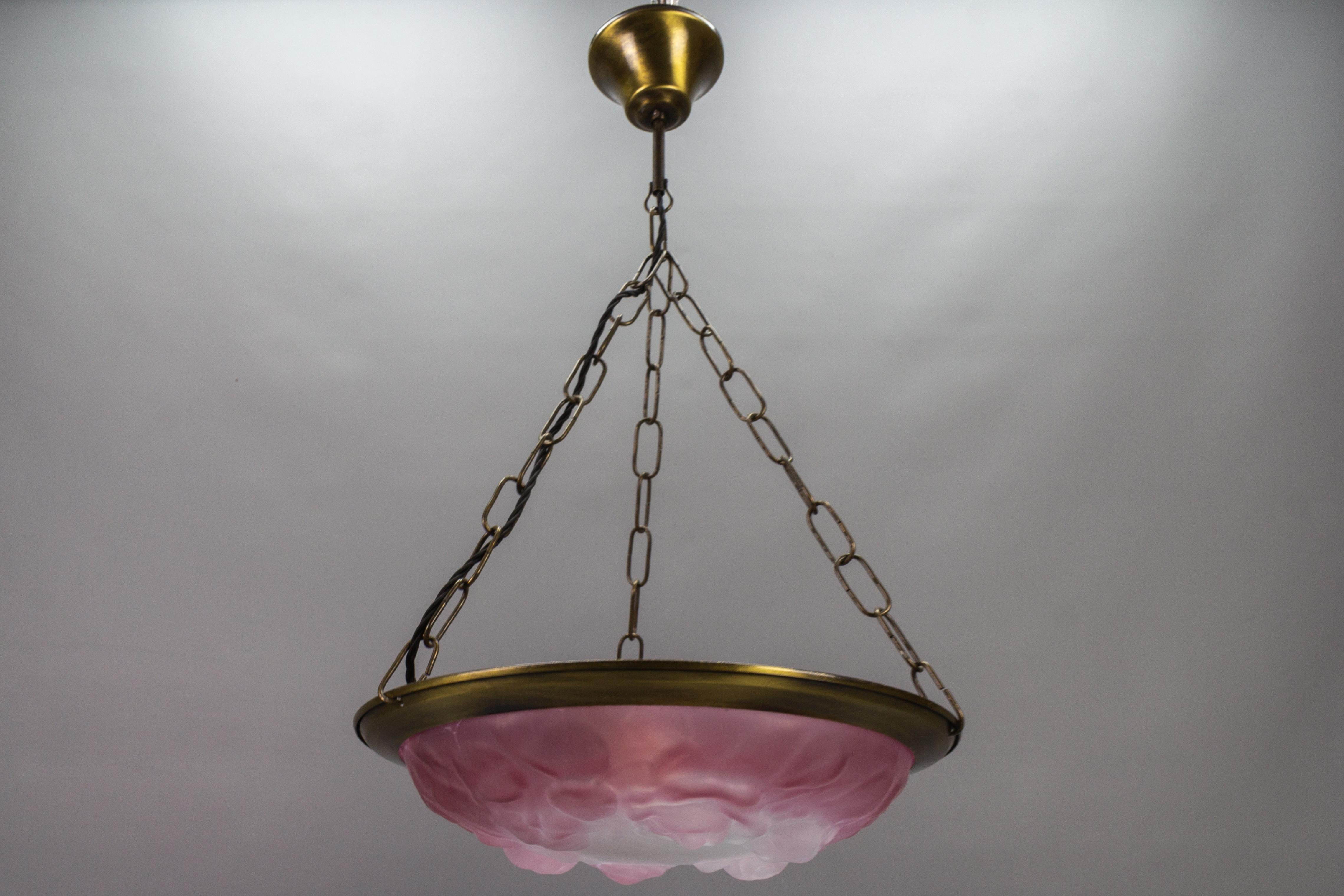 French Vintage Art Deco Style Pink and White Glass Pendant Light with Roses For Sale 10