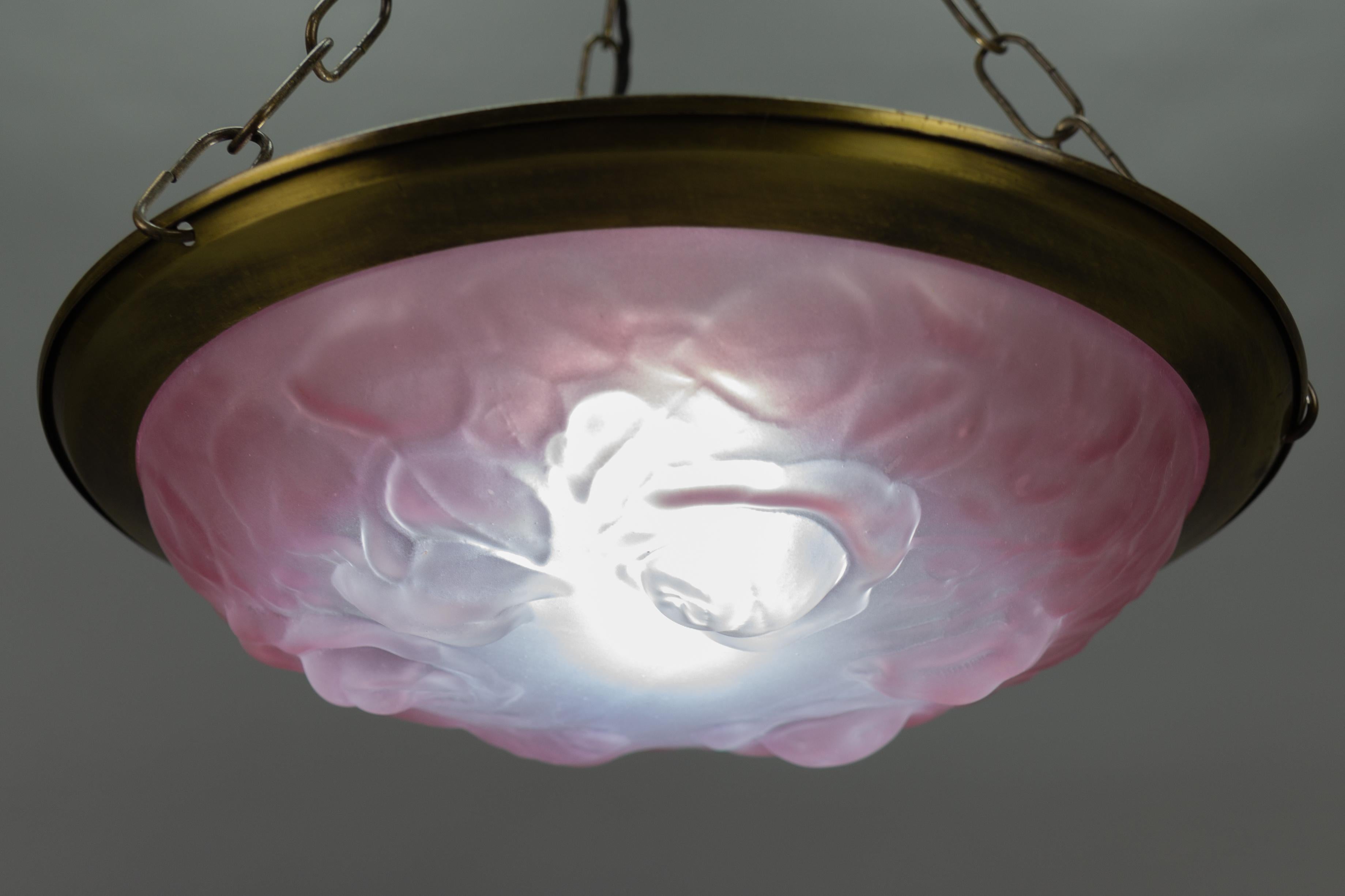 Metal French Vintage Art Deco Style Pink and White Glass Pendant Light with Roses For Sale