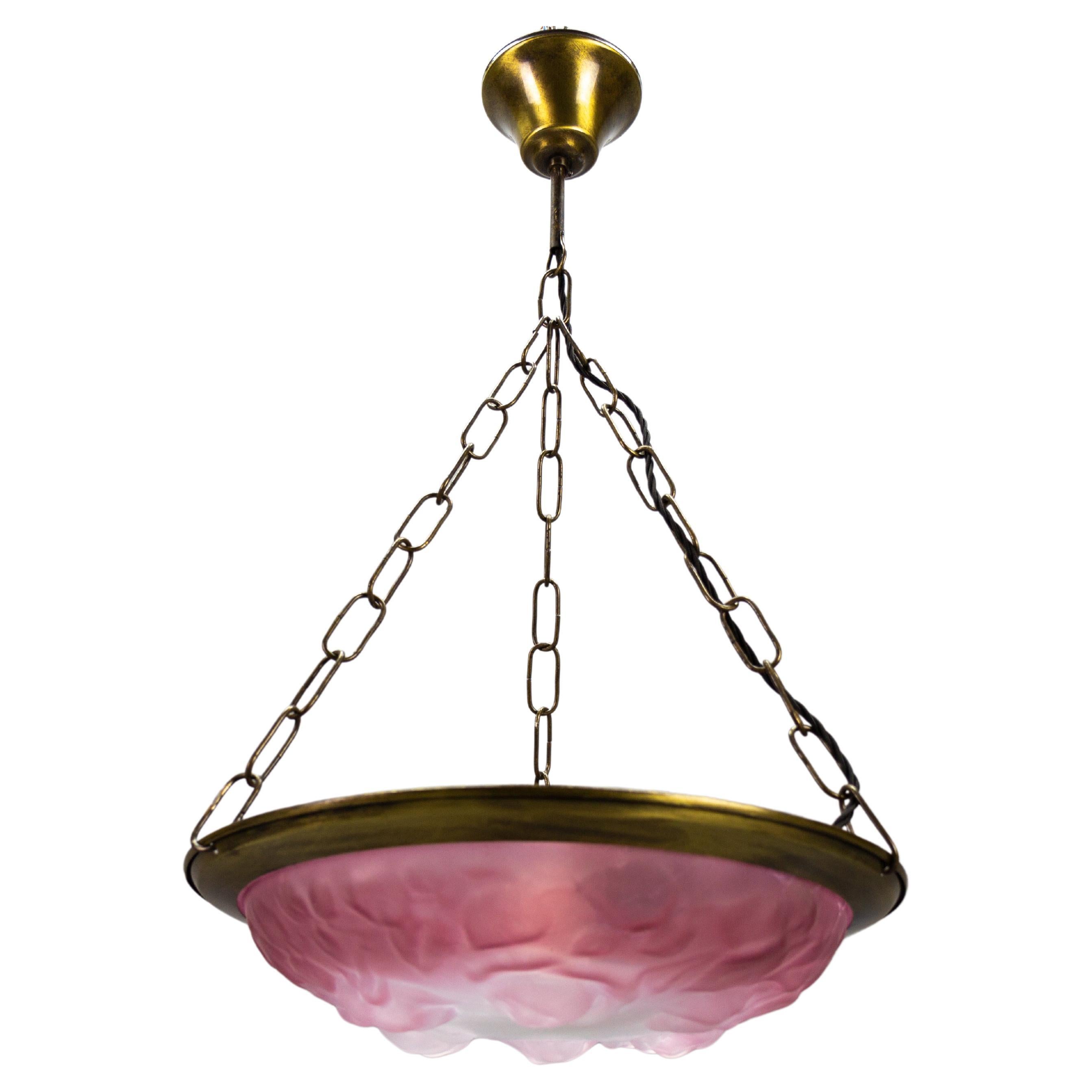 French Vintage Art Deco Style Pink and White Glass Pendant Light with Roses For Sale