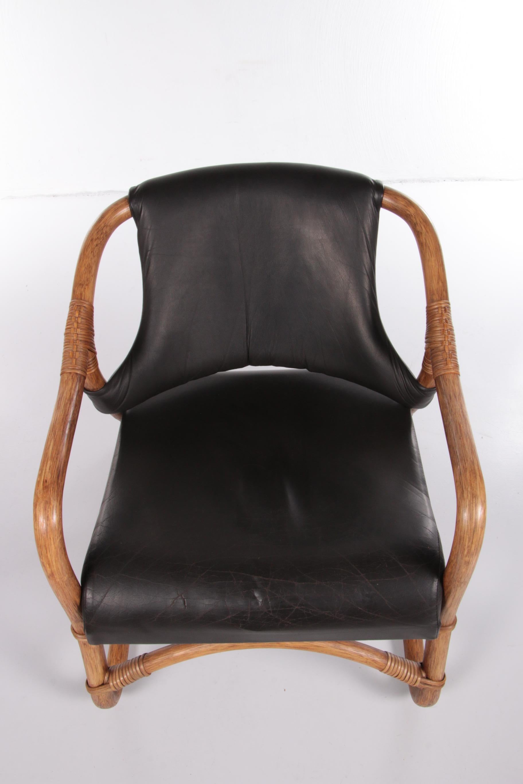 French Vintage Bamboo Lounge Set with Black Leather Seat, 1960s 5