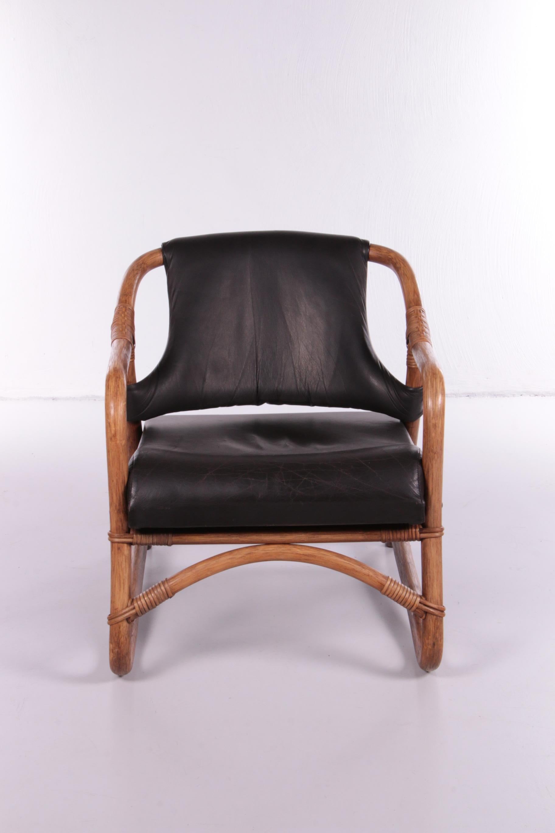 Mid-Century Modern French Vintage Bamboo Lounge Set with Black Leather Seat, 1960s