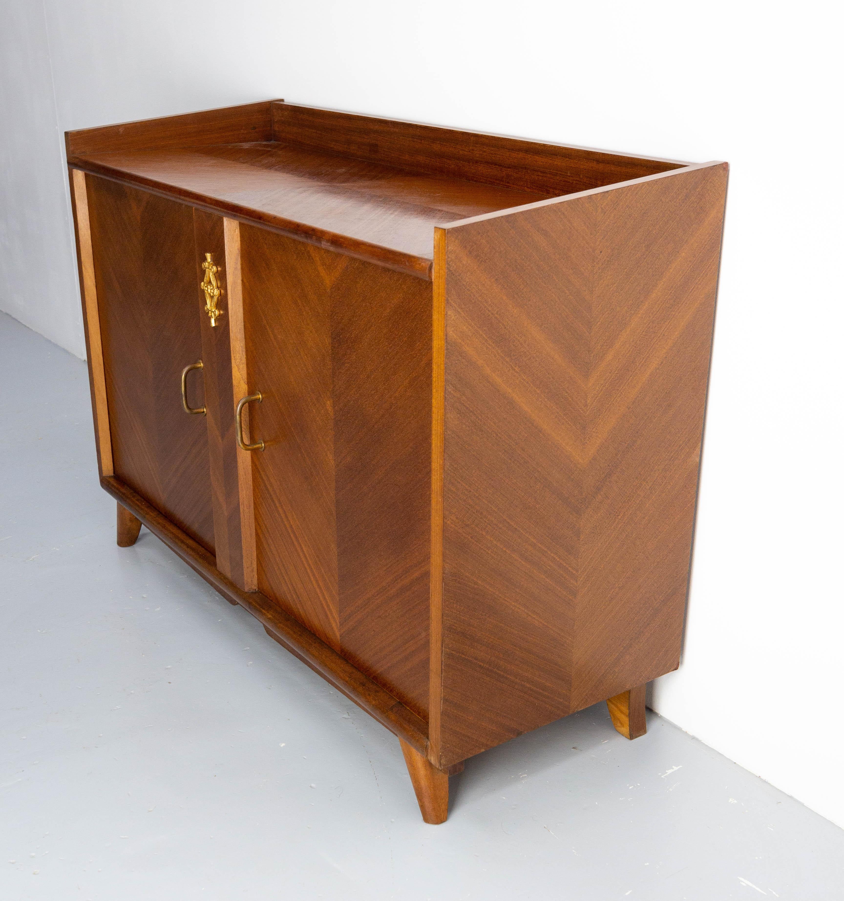 20th Century French Vintage Bar Cocktail Cabinet Iroko Veneer and Brass, Mid-Century For Sale