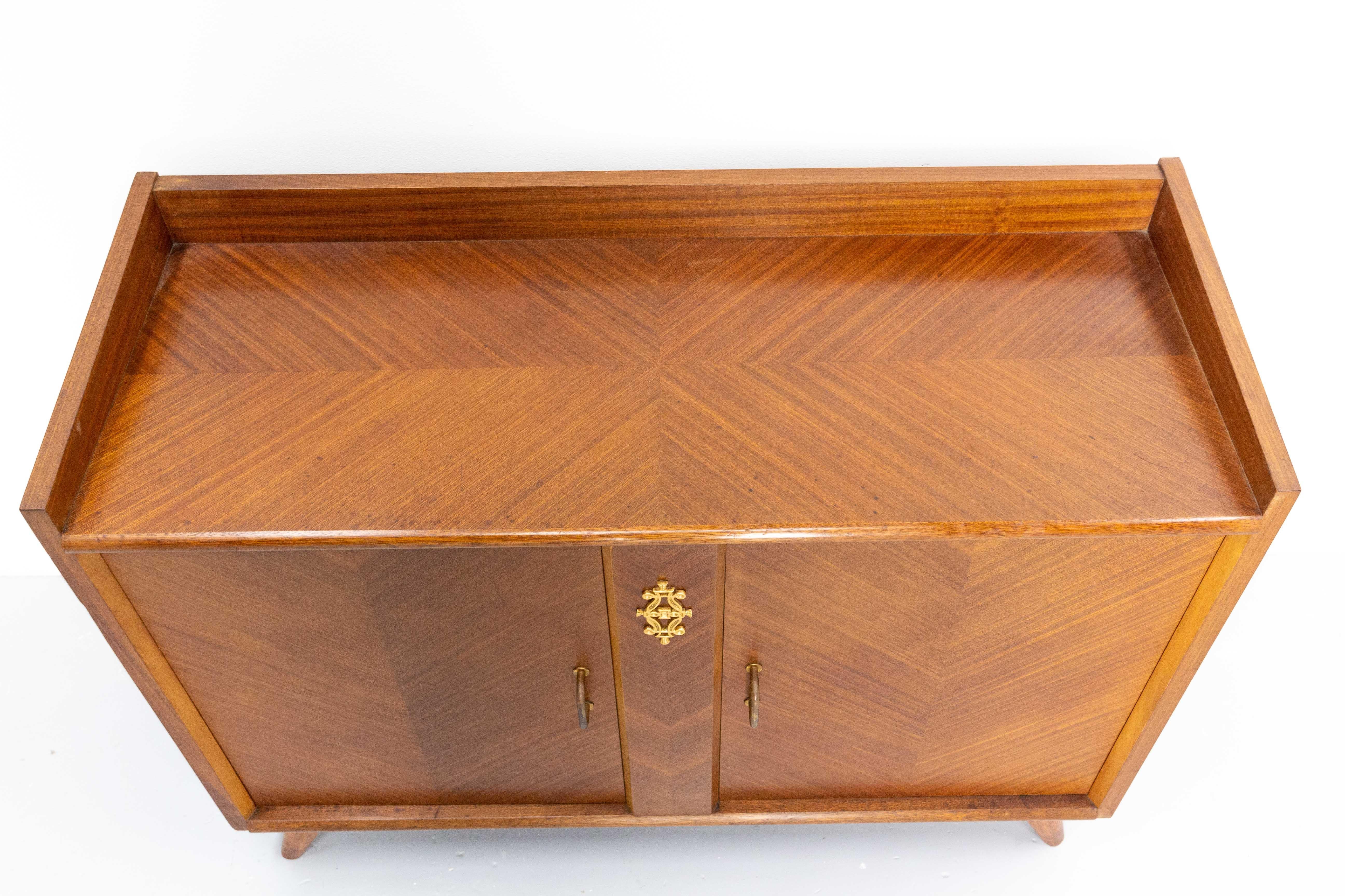 Wood French Vintage Bar Cocktail Cabinet Iroko Veneer and Brass, Mid-Century For Sale