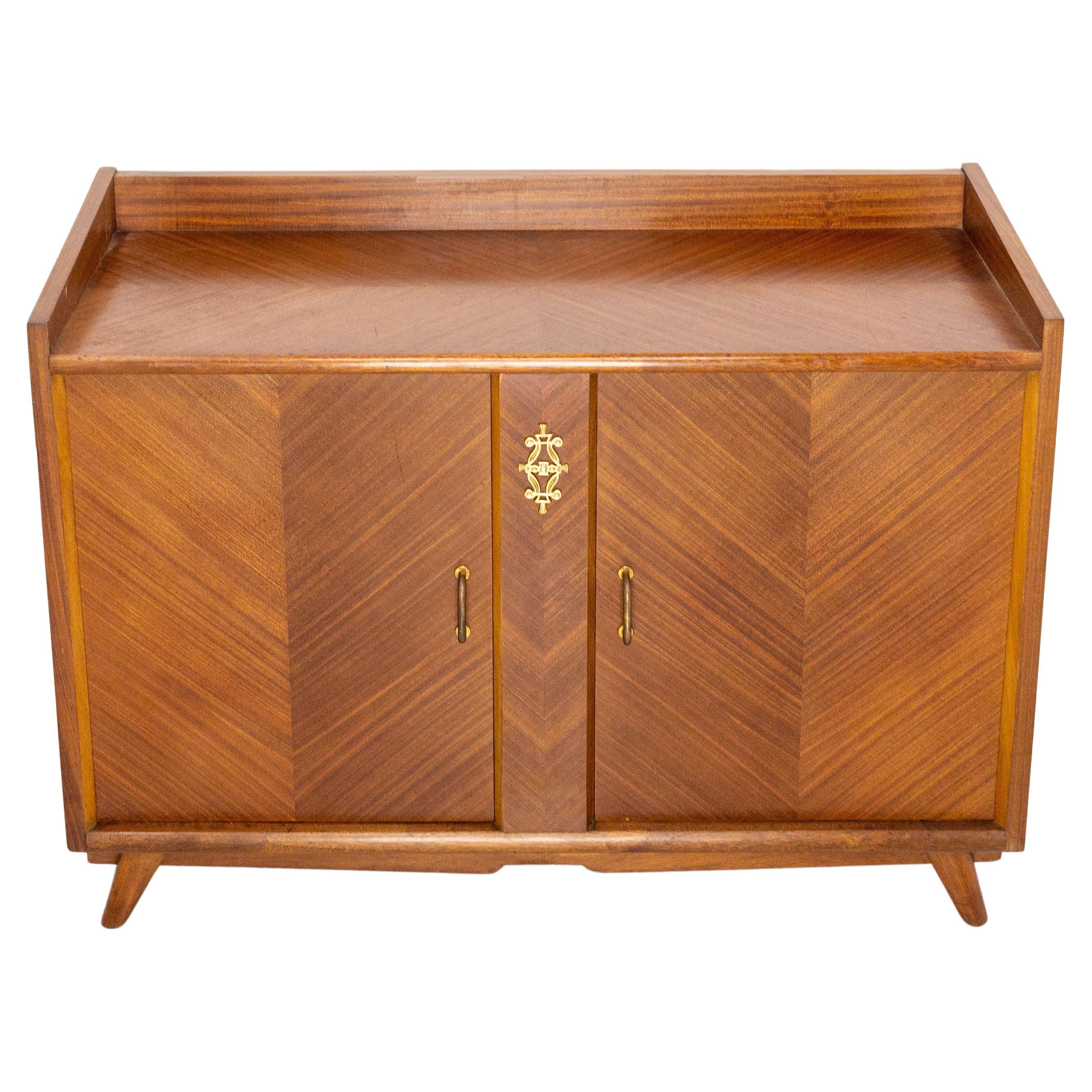 French Vintage Bar Cocktail Cabinet Iroko Veneer and Brass, Mid-Century