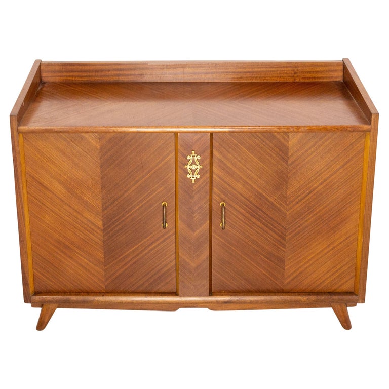 French Vintage Bar Cocktail Iroko Veneer and Brass, MidCentury