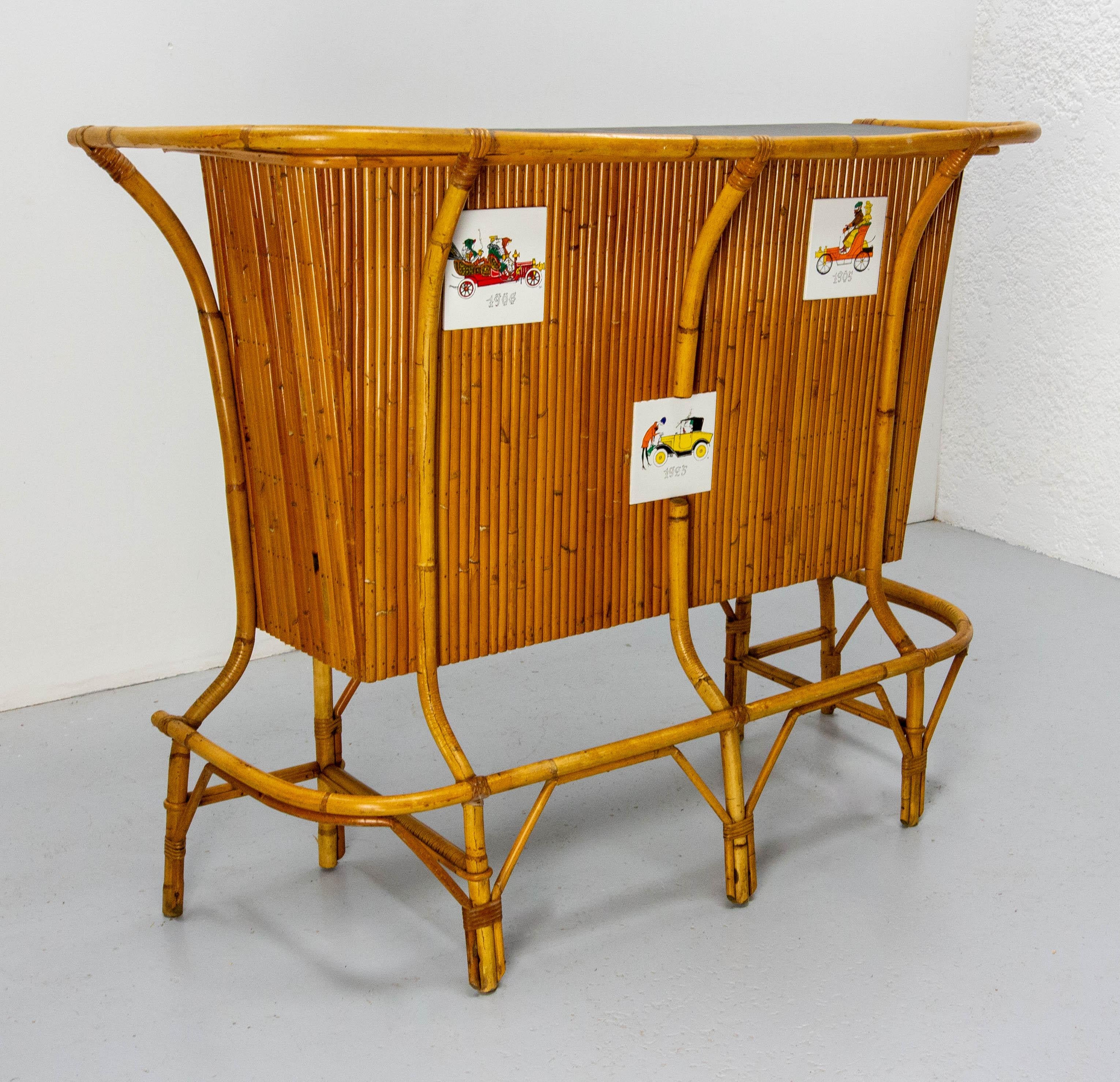 Mid-Century Modern French Vintage Bar Cocktail Furniture Rattan & Faience Tiles Mid-Century For Sale