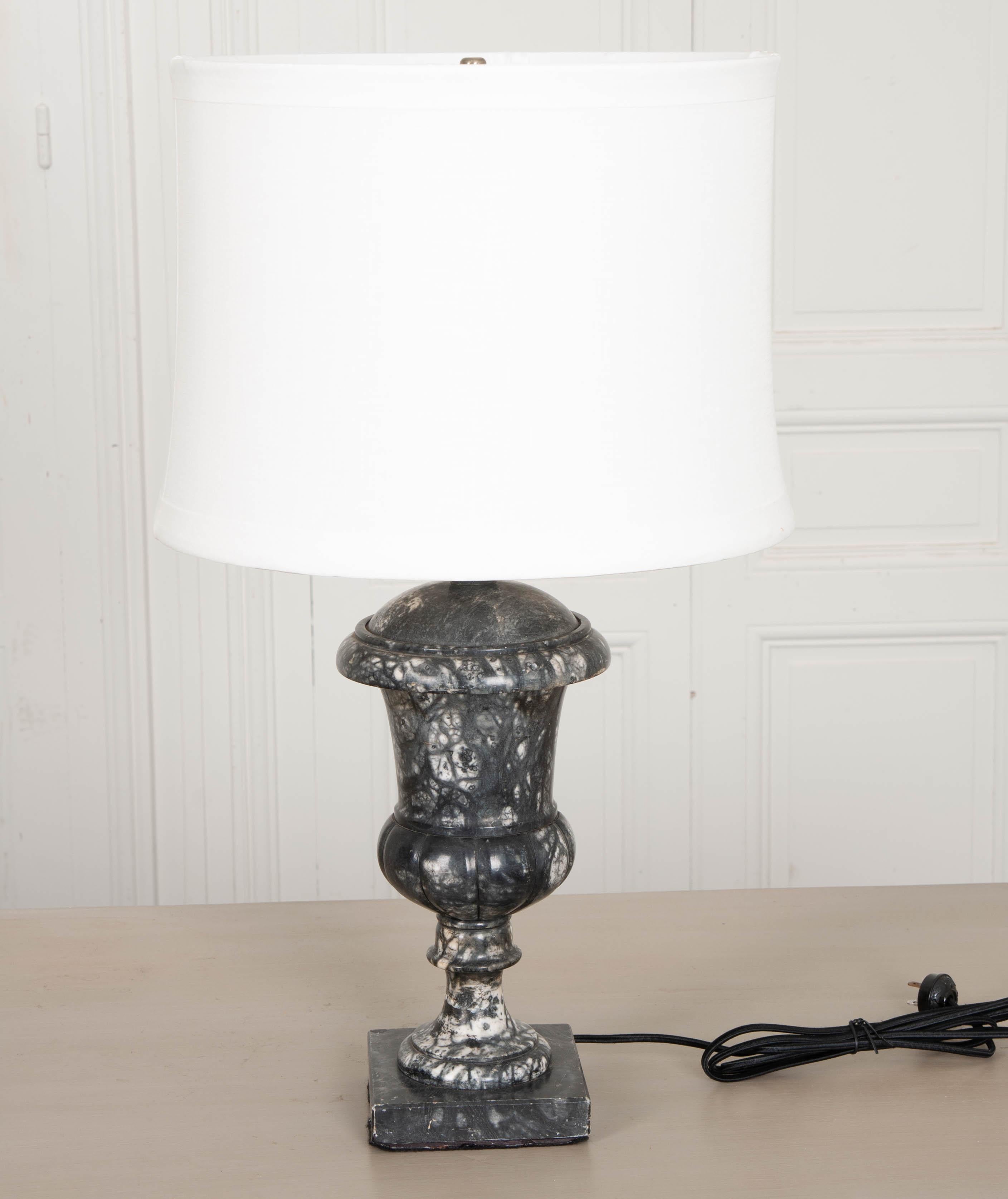 Carved French Vintage Black and White Marble Urn Lamp