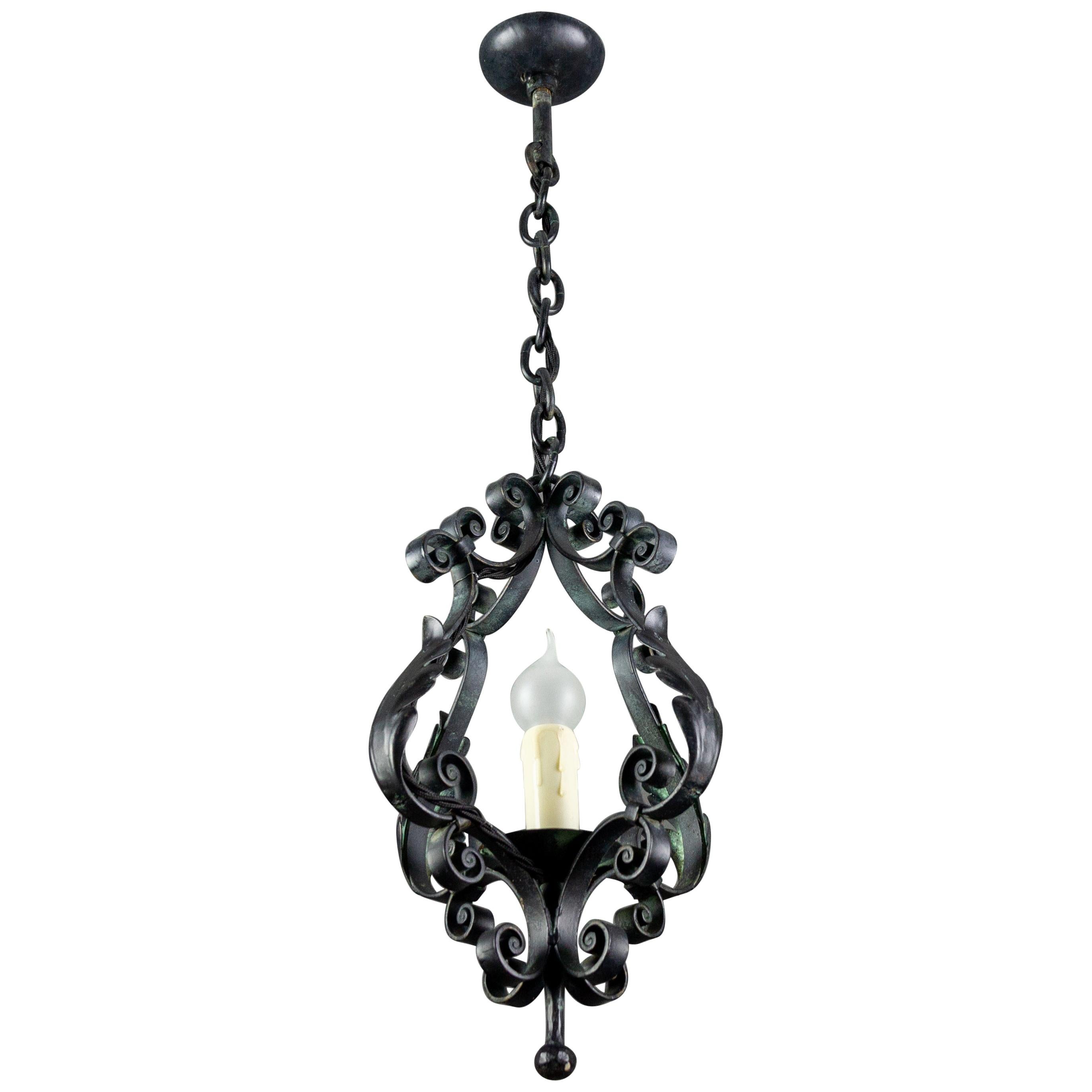 French Vintage Black Iron Pendant One-Light Lantern, 1950s