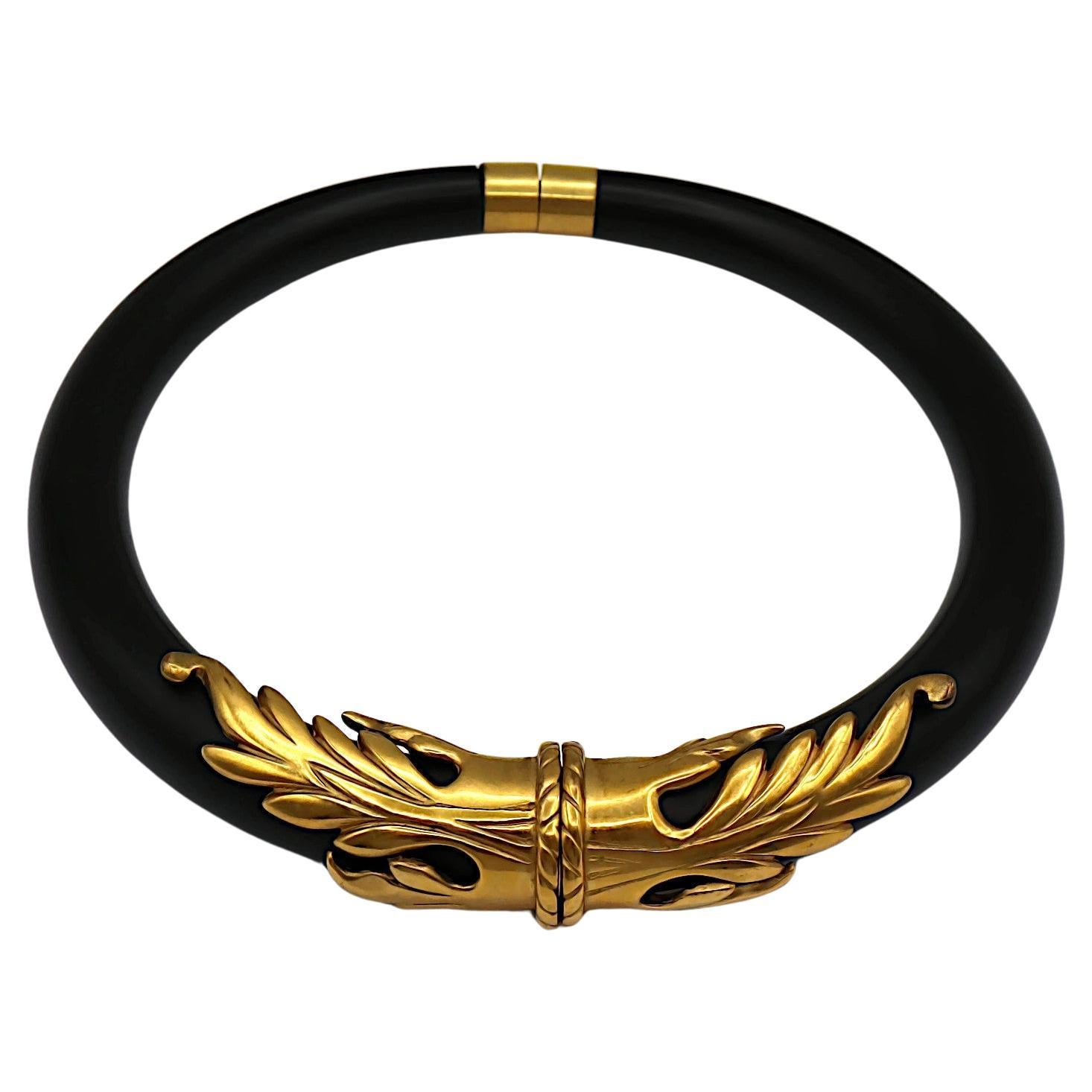 French Vintage Black Resin Gold Tone Choker Necklace For Sale