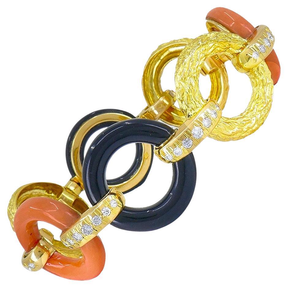 French Vintage Bracelet Atelier Janca 18k Gold Diamond Coral Black Onyx Jewelry
