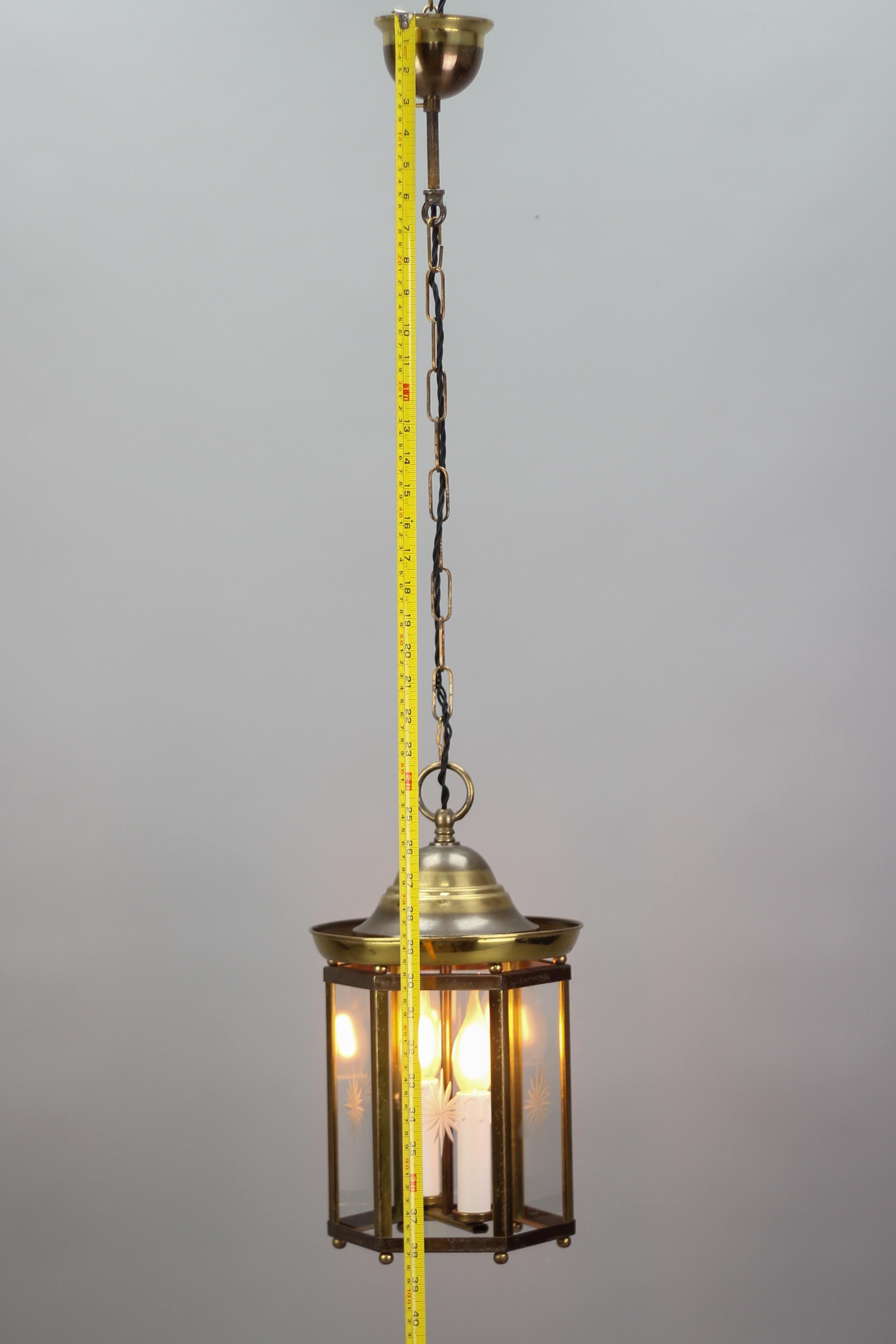 French Vintage Brass and Cut Clear Glass Hexagonal Hanging Lantern 9