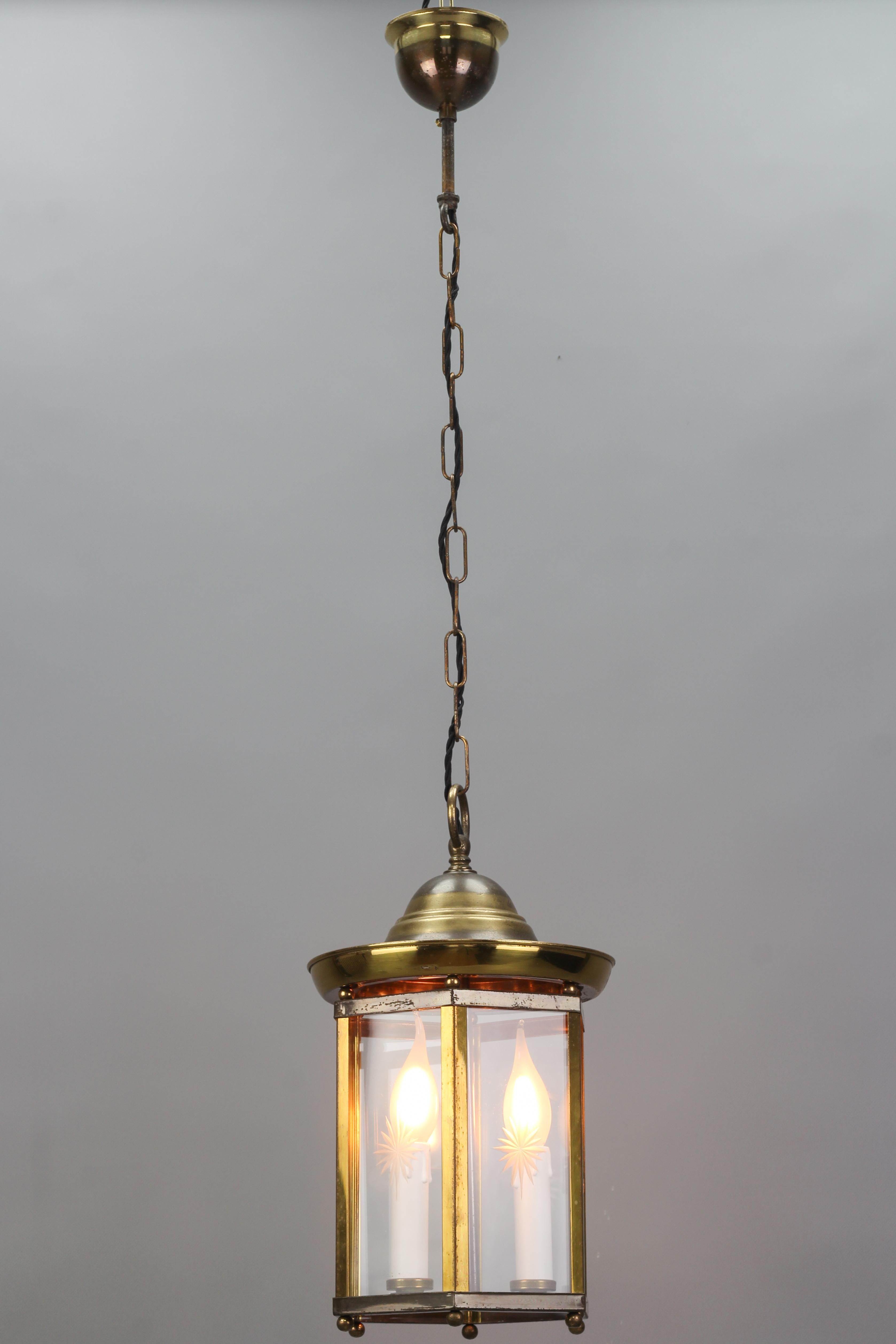 Neoclassical French Vintage Brass and Cut Clear Glass Hexagonal Hanging Lantern