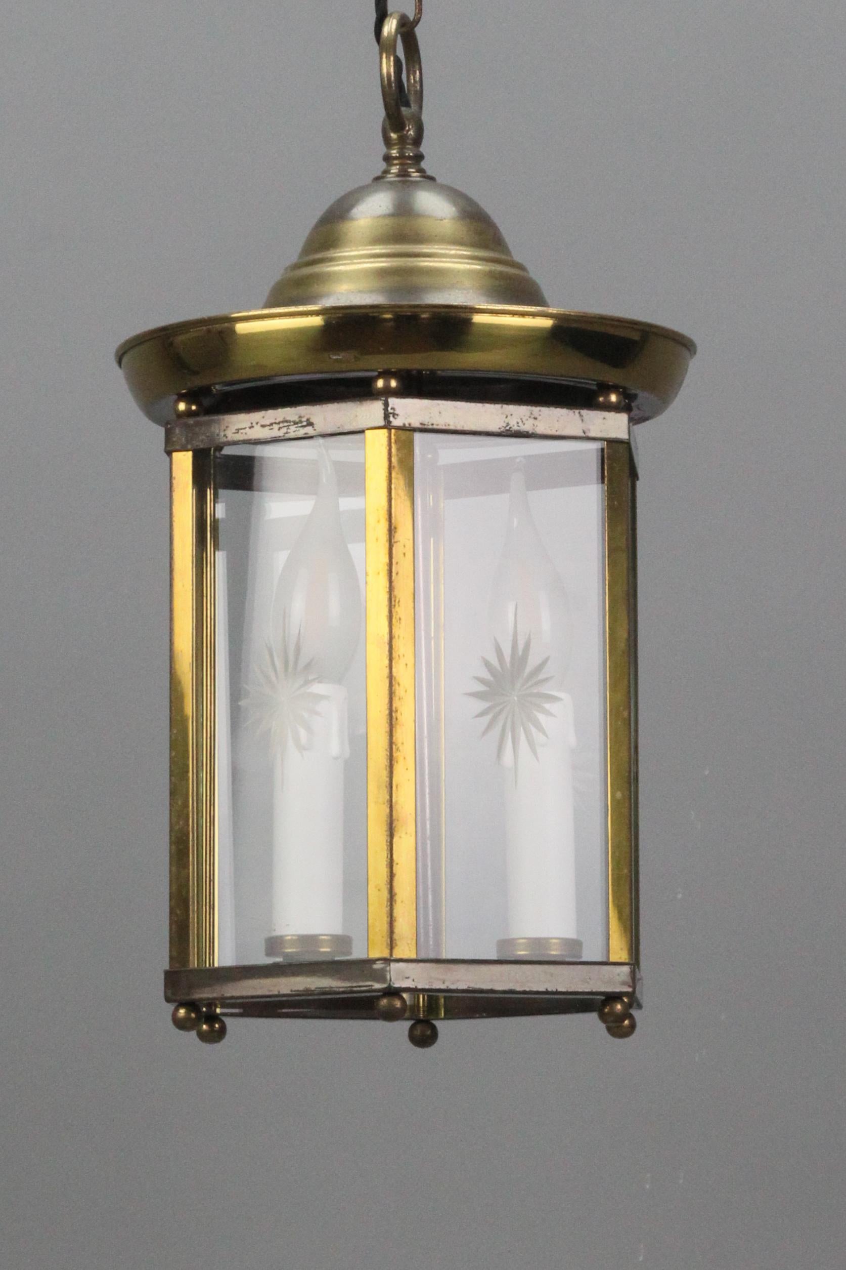 20th Century French Vintage Brass and Cut Clear Glass Hexagonal Hanging Lantern